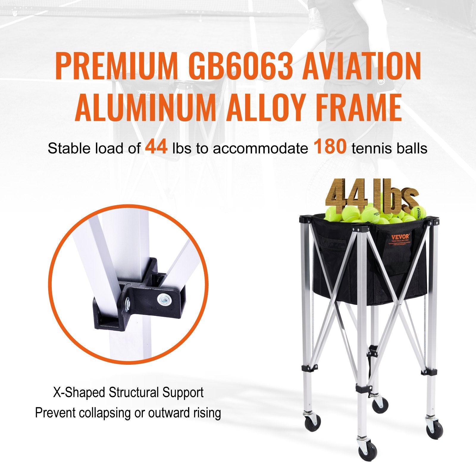 Foldable Tennis Ball Hopper, Holds 180 Tennis Balls, Lightweight Aluminum Alloy Tennis Ball Basket Cart with V952-KZDBXSWQTC182488OV0