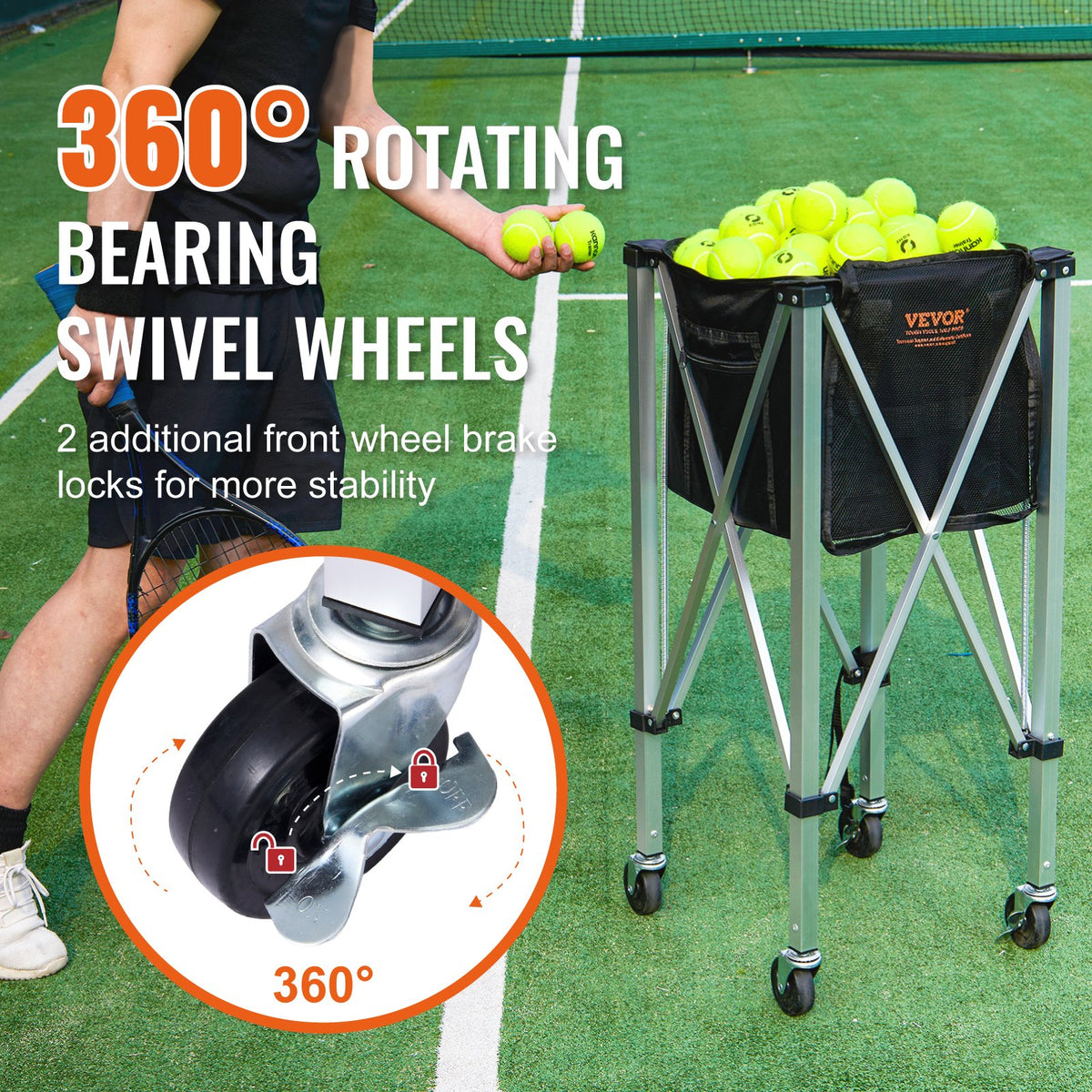 Foldable Tennis Ball Hopper, Holds 180 Tennis Balls, Lightweight Aluminum Alloy Tennis Ball Basket Cart with V952-KZDBXSWQTC182488OV0