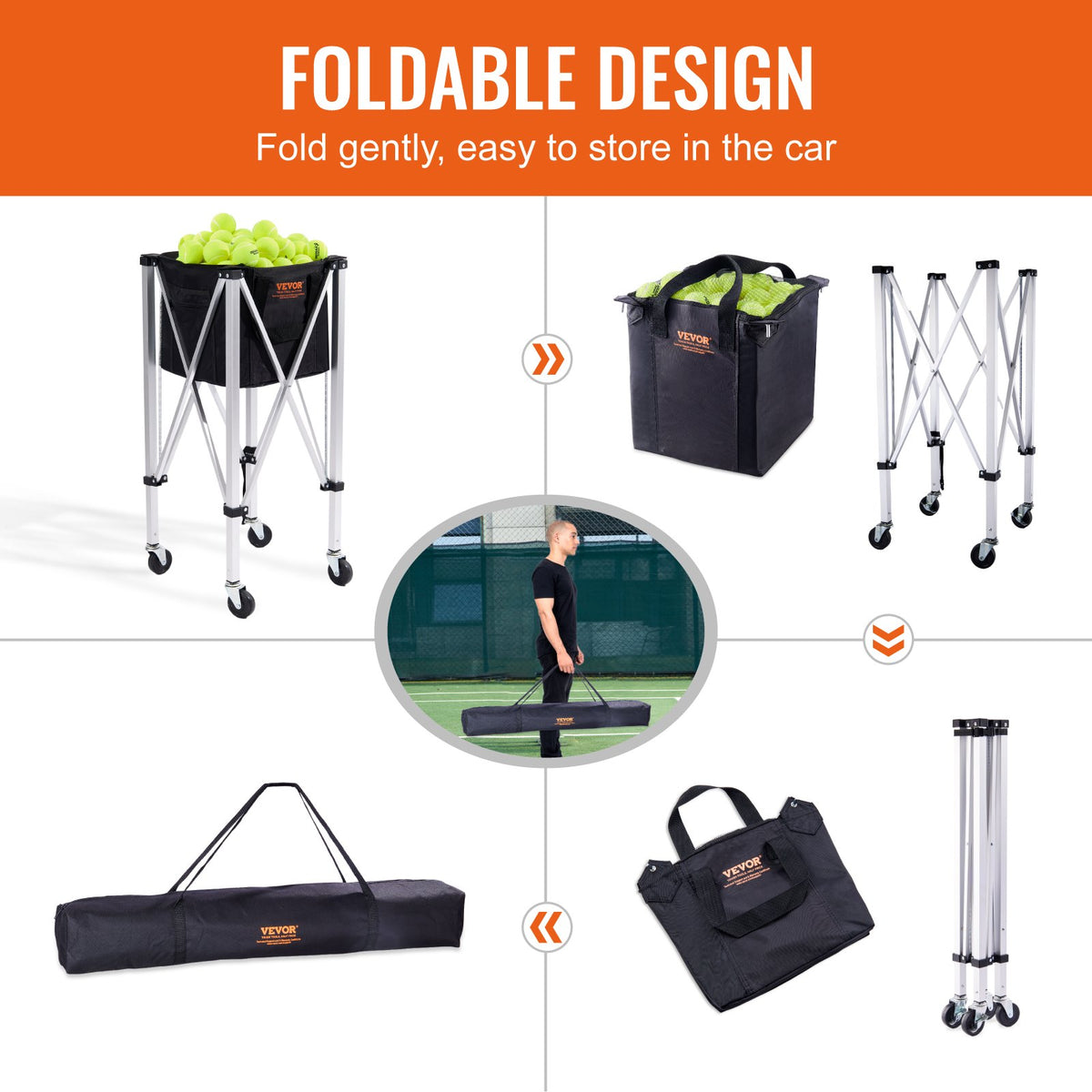 Foldable Tennis Ball Hopper, Holds 180 Tennis Balls, Lightweight Aluminum Alloy Tennis Ball Basket Cart with V952-KZDBXSWQTC182488OV0