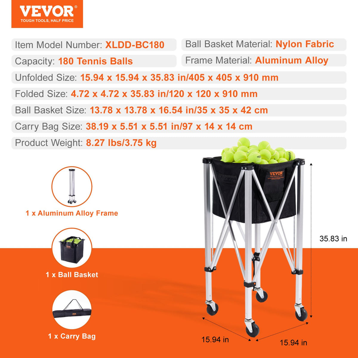 Foldable Tennis Ball Hopper, Holds 180 Tennis Balls, Lightweight Aluminum Alloy Tennis Ball Basket Cart with V952-KZDBXSWQTC182488OV0