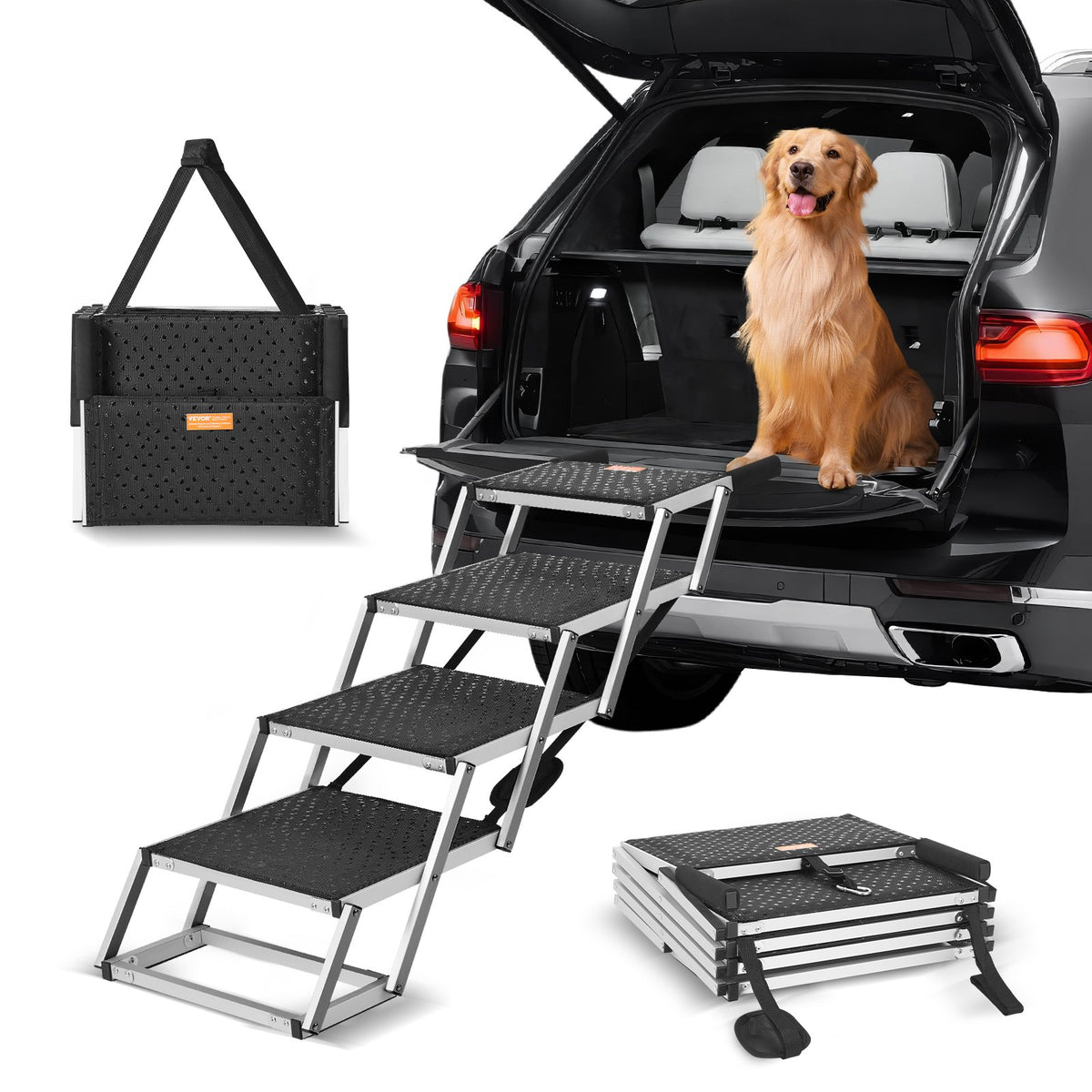 Dog Stair for Cars 4-step Folding Dog Steps Aluminum Loads up to 150 lbs, Foldable 24-25.4 in Adjustable V952-KZDGLT4STEP16LGG3V0