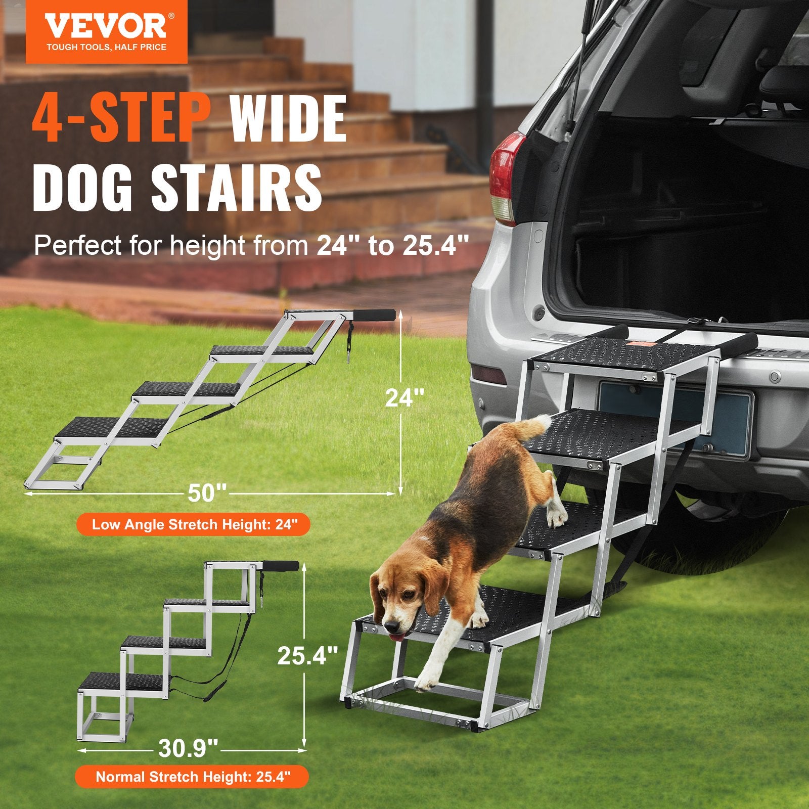 Dog Stair for Cars 4-step Folding Dog Steps Aluminum Loads up to 150 lbs, Foldable 24-25.4 in Adjustable V952-KZDGLT4STEP16LGG3V0