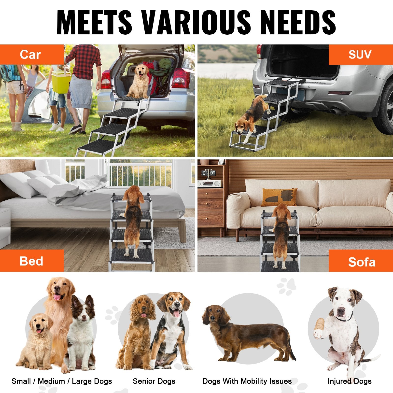 Dog Stair for Cars 4-step Folding Dog Steps Aluminum Loads up to 150 lbs, Foldable 24-25.4 in Adjustable V952-KZDGLT4STEP16LGG3V0
