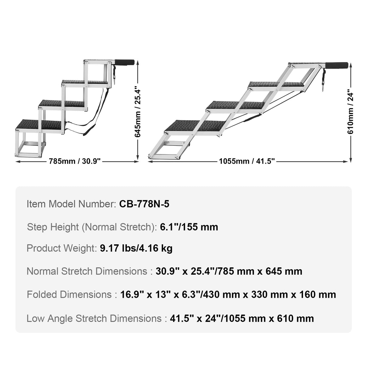 Dog Stair for Cars 4-step Folding Dog Steps Aluminum Loads up to 150 lbs, Foldable 24-25.4 in Adjustable V952-KZDGLT4STEP16LGG3V0