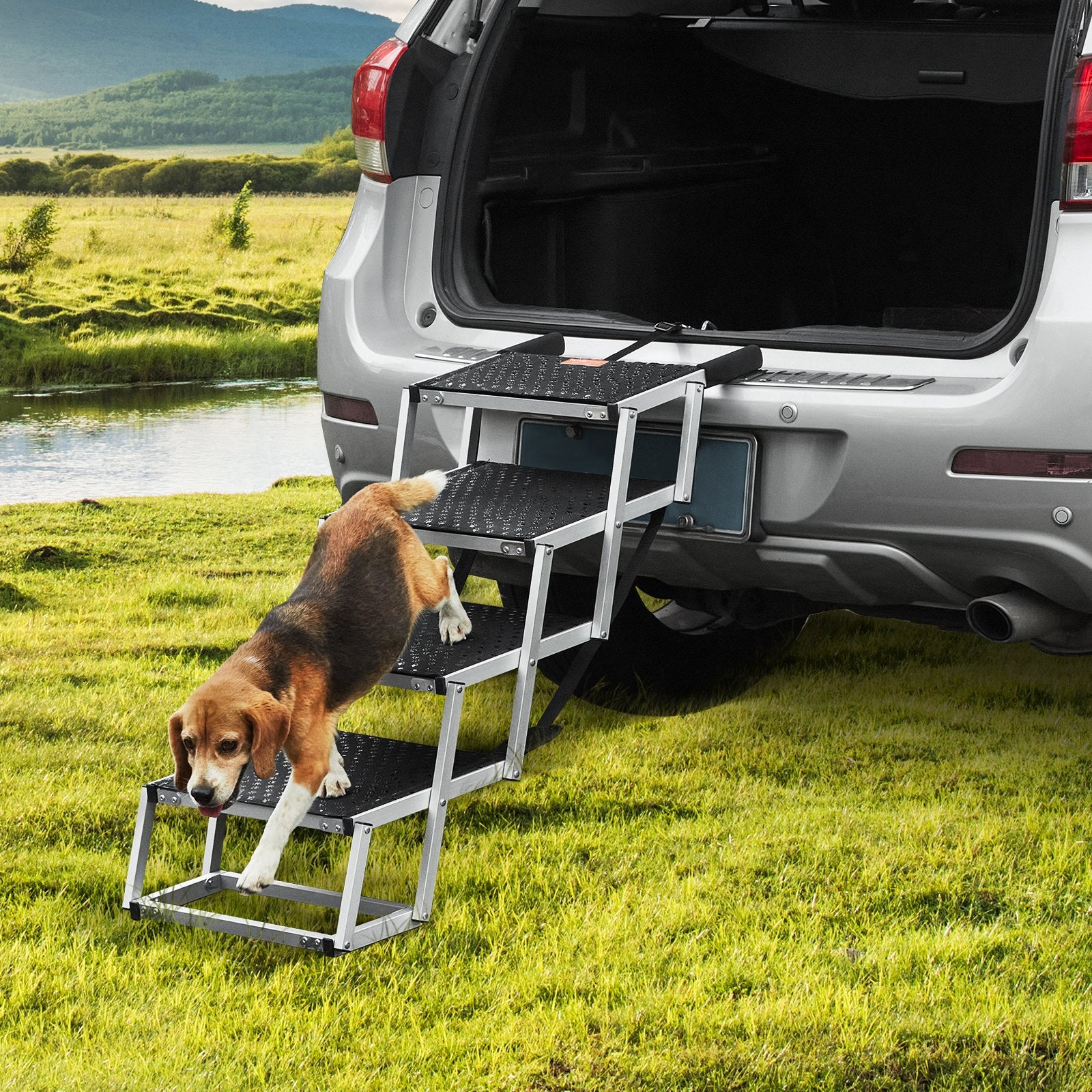 Dog Stair for Cars 4-step Folding Dog Steps Aluminum Loads up to 150 lbs, Foldable 24-25.4 in Adjustable V952-KZDGLT4STEP16LGG3V0