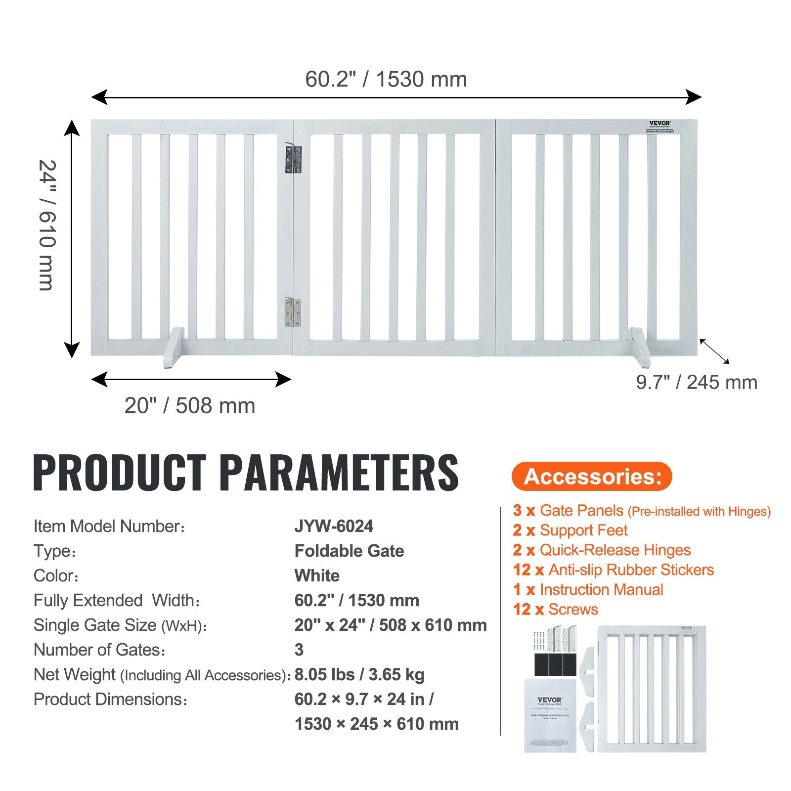 Free Standing Dog Gate, 24" H x 60" W Freestanding Pet Gate, 3 Panels Foldable Dog Gate for Wide and Narrow V952-KZDMZCWMBSMZ75YGXV0