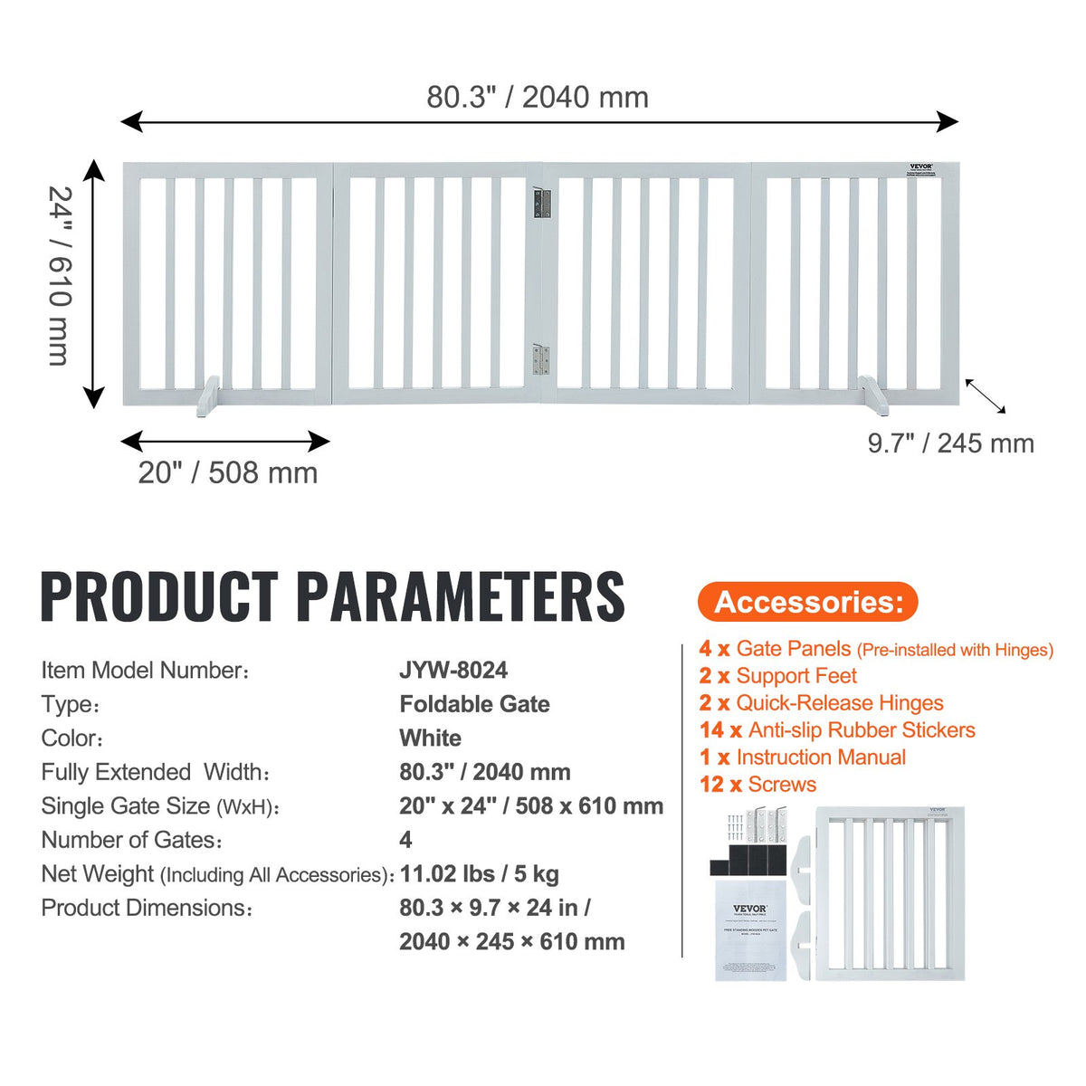 Free Standing Dog Gate, 24" H x 80.3" W Freestanding Pet Gate, 4 Panels Foldable Dog Gate for Wide and Narrow V952-KZDMZCWMBSMZLUM3SV0