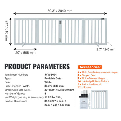 Free Standing Dog Gate, 24" H x 80.3" W Freestanding Pet Gate, 4 Panels Foldable Dog Gate for Wide and Narrow V952-KZDMZCWMBSMZLUM3SV0