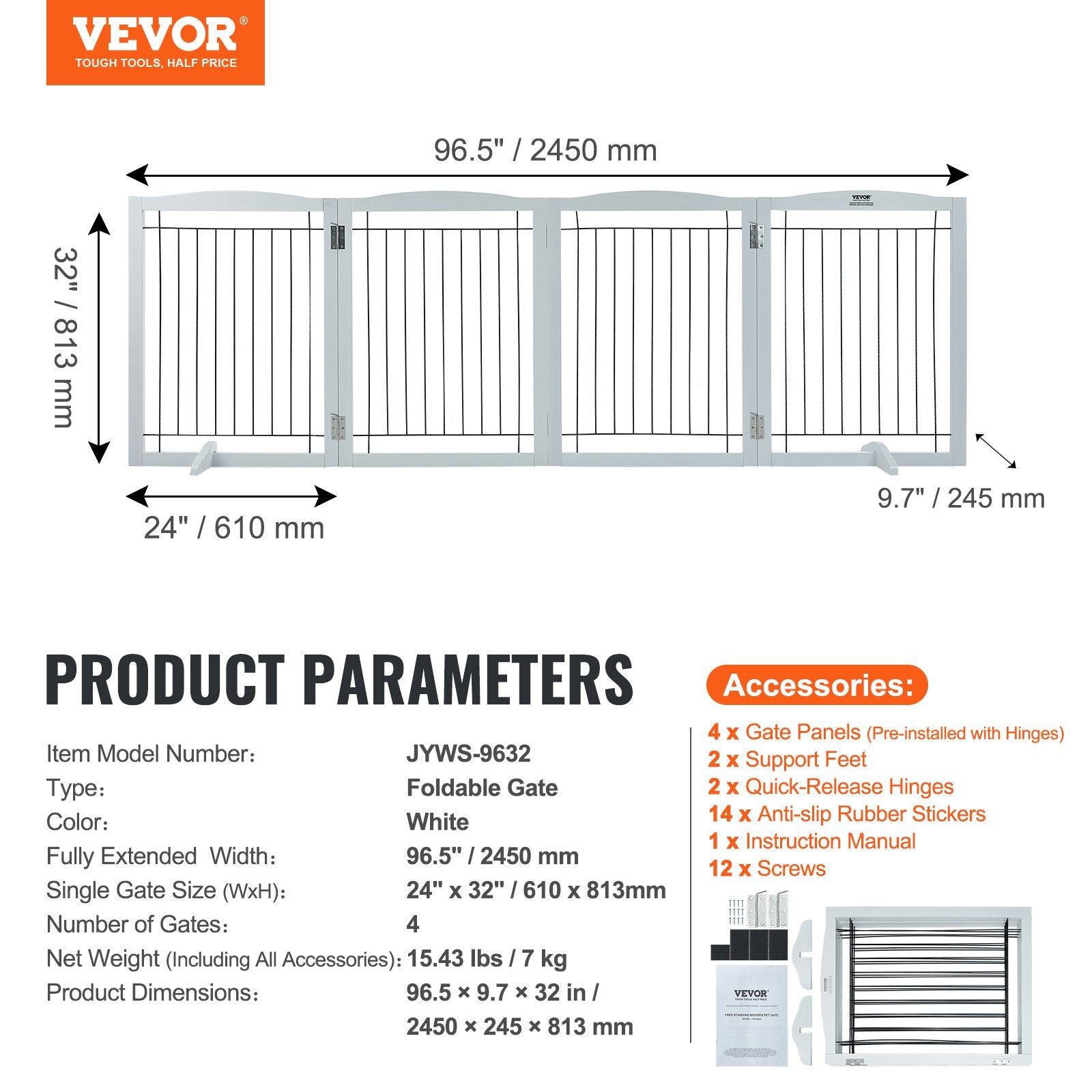 Free Standing Dog Gate, 32" H x 96.5" W Freestanding Pet Gate, 4 Panels Foldable Dog Gate for Wide and Narrow V952-KZDMZCWMBSSMNJA1FV0