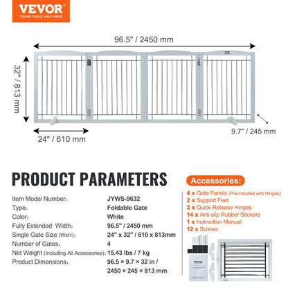 Free Standing Dog Gate, 32" H x 96.5" W Freestanding Pet Gate, 4 Panels Foldable Dog Gate for Wide and Narrow V952-KZDMZCWMBSSMNJA1FV0