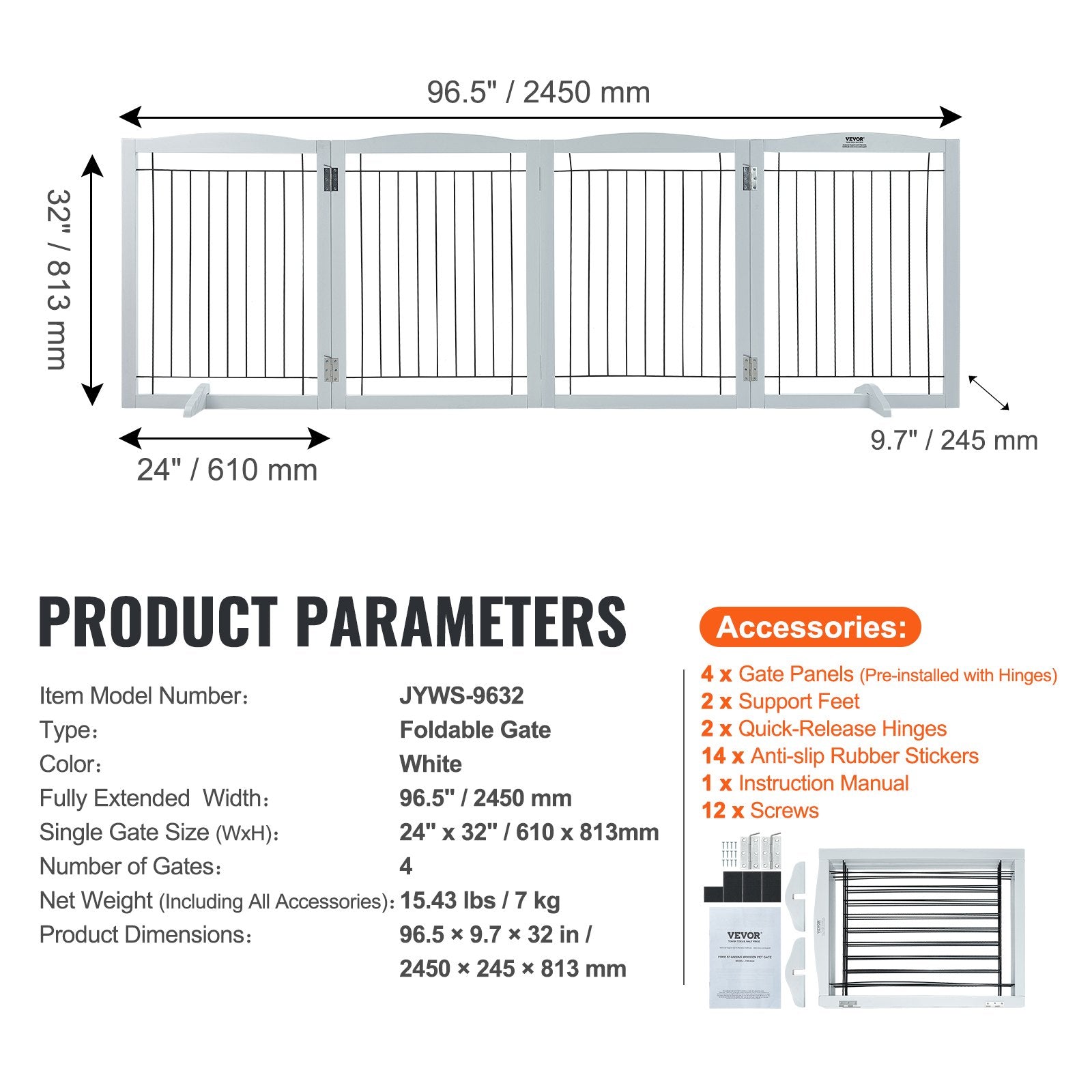 Free Standing Dog Gate, 32" H x 96.5" W Freestanding Pet Gate, 4 Panels Foldable Dog Gate for Wide and Narrow V952-KZDMZCWMBSSMNJA1FV0
