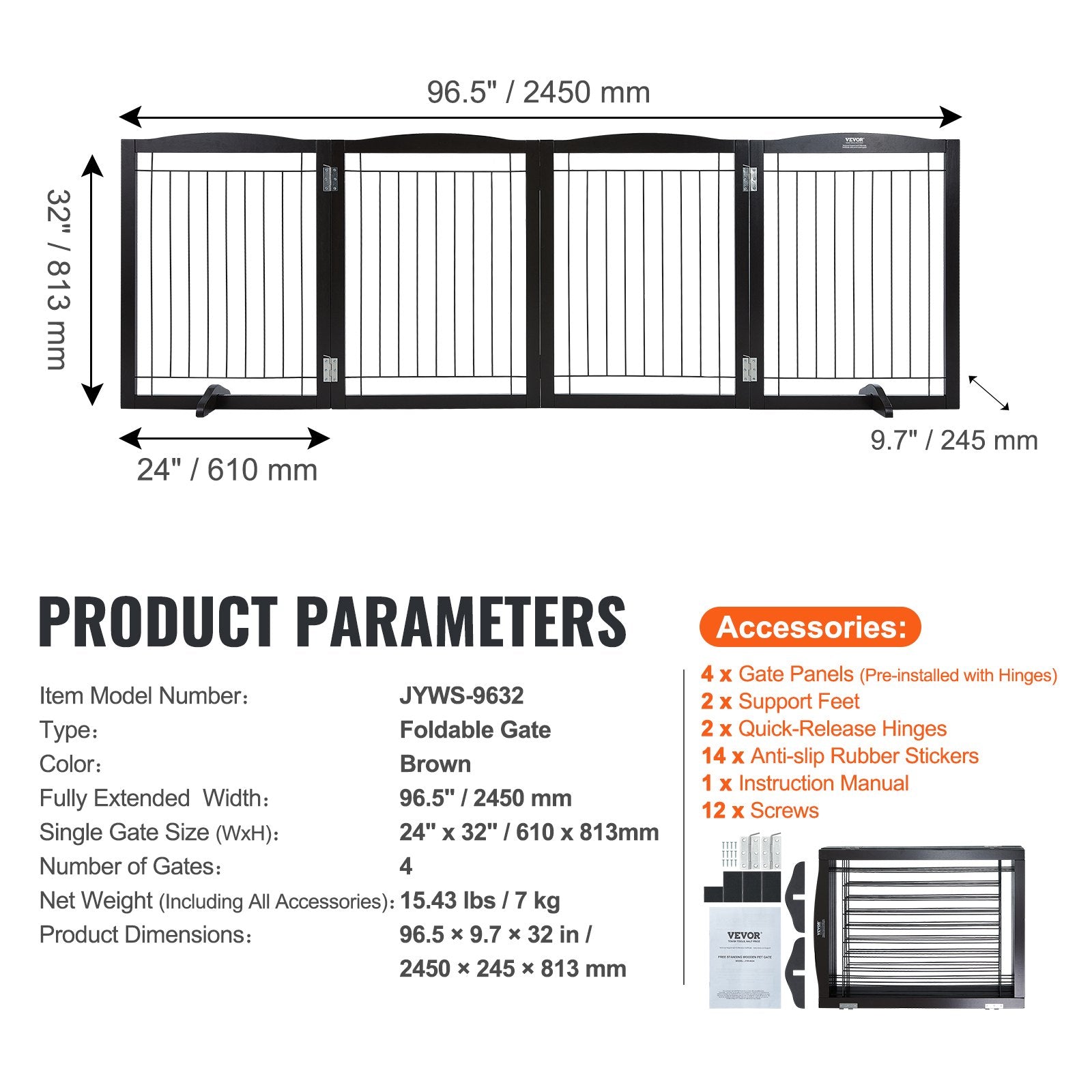 Free Standing Dog Gate 32x96.5 inch Freestanding Pet Gate Foldable Brown V952-KZDMZCWMZSSMB53FTV0