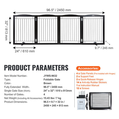 Free Standing Dog Gate 32x96.5 inch Freestanding Pet Gate Foldable Brown V952-KZDMZCWMZSSMB53FTV0
