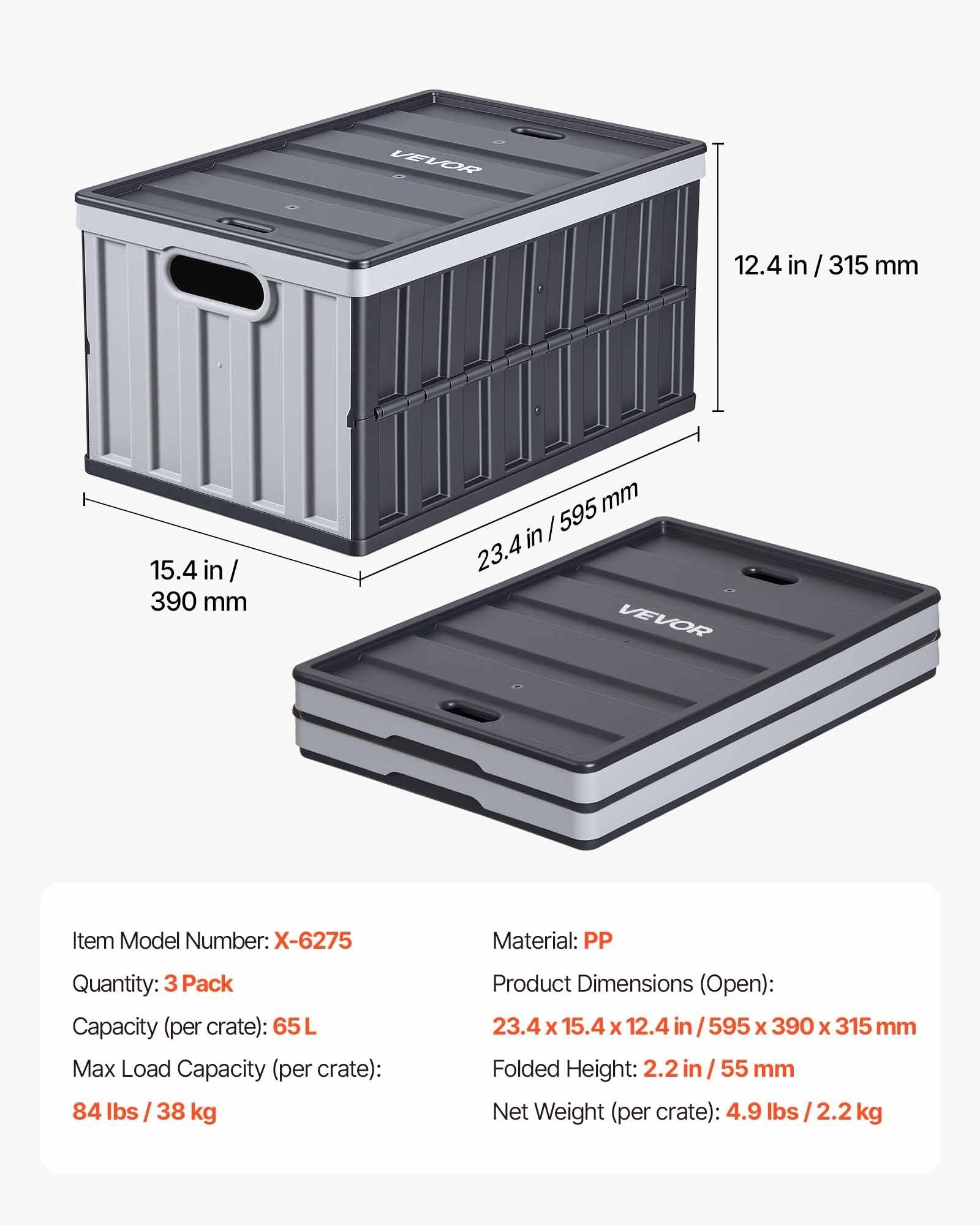 Plastic Collapsible Storage Bins with Lids, 65L 3 Packs, Stackable Folding Storage Crates with Handles, Holds V952-KZDSLCWXHHS671U7U001V0