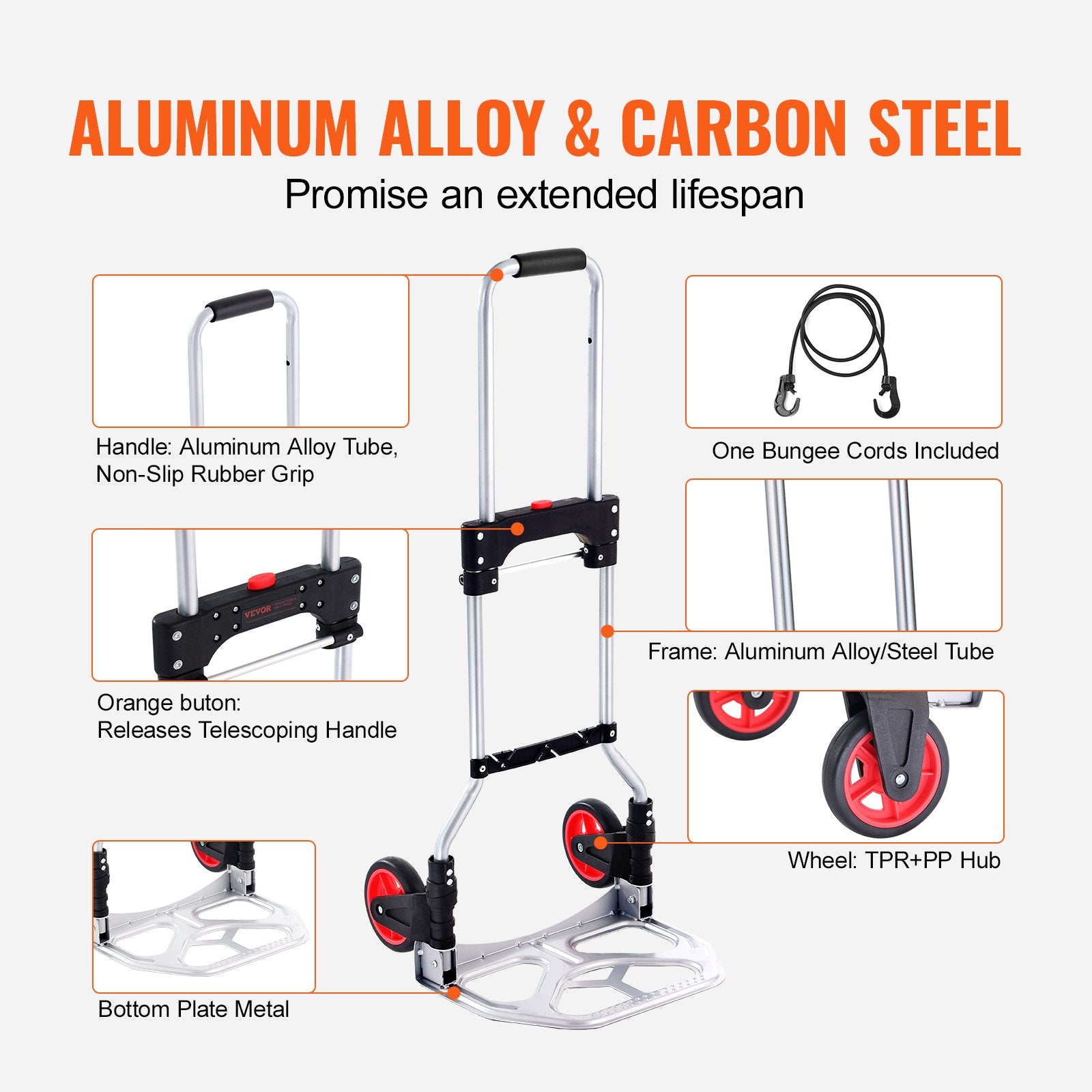 Folding Hand Truck, 80 kg Load Capacity, Aluminum Portable Cart, Convertible Hand Truck and Dolly with V952-KZDSTHC175B0QUTVIV0