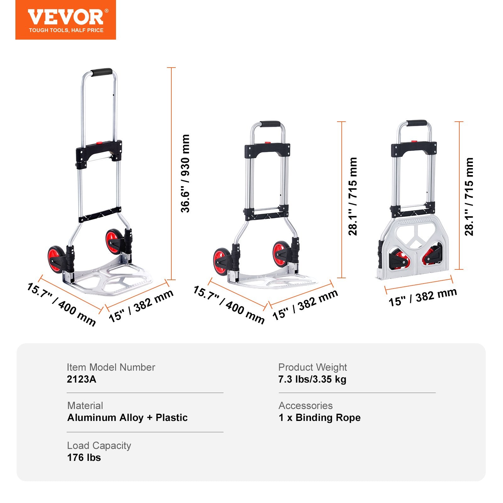 Folding Hand Truck, 80 kg Load Capacity, Aluminum Portable Cart, Convertible Hand Truck and Dolly with V952-KZDSTHC175B0QUTVIV0