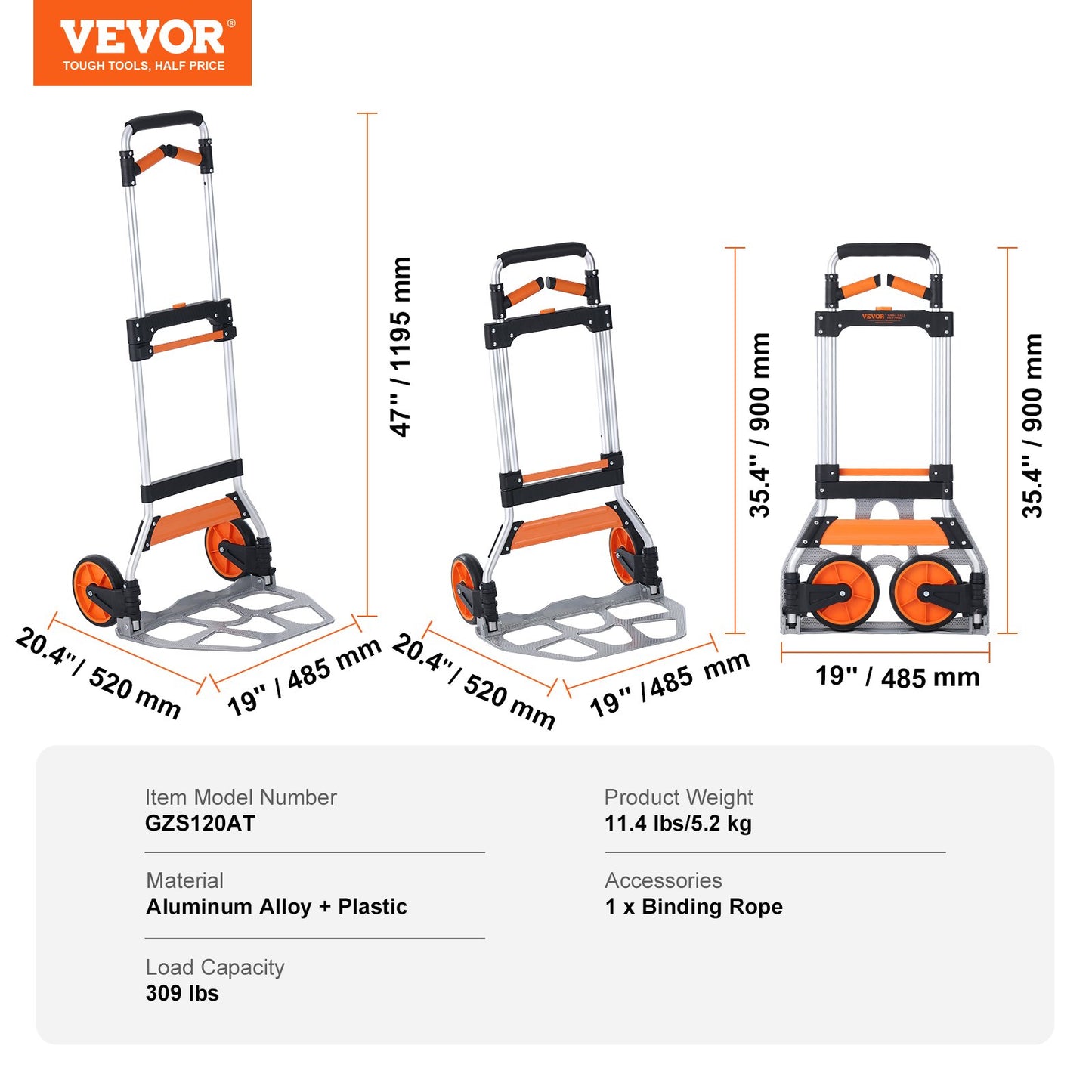 Folding Hand Truck, 140 kg Load Capacity, Aluminum Portable Cart, Convertible Hand Truck and Dolly with V952-KZDSTHC500B01UEHNV0