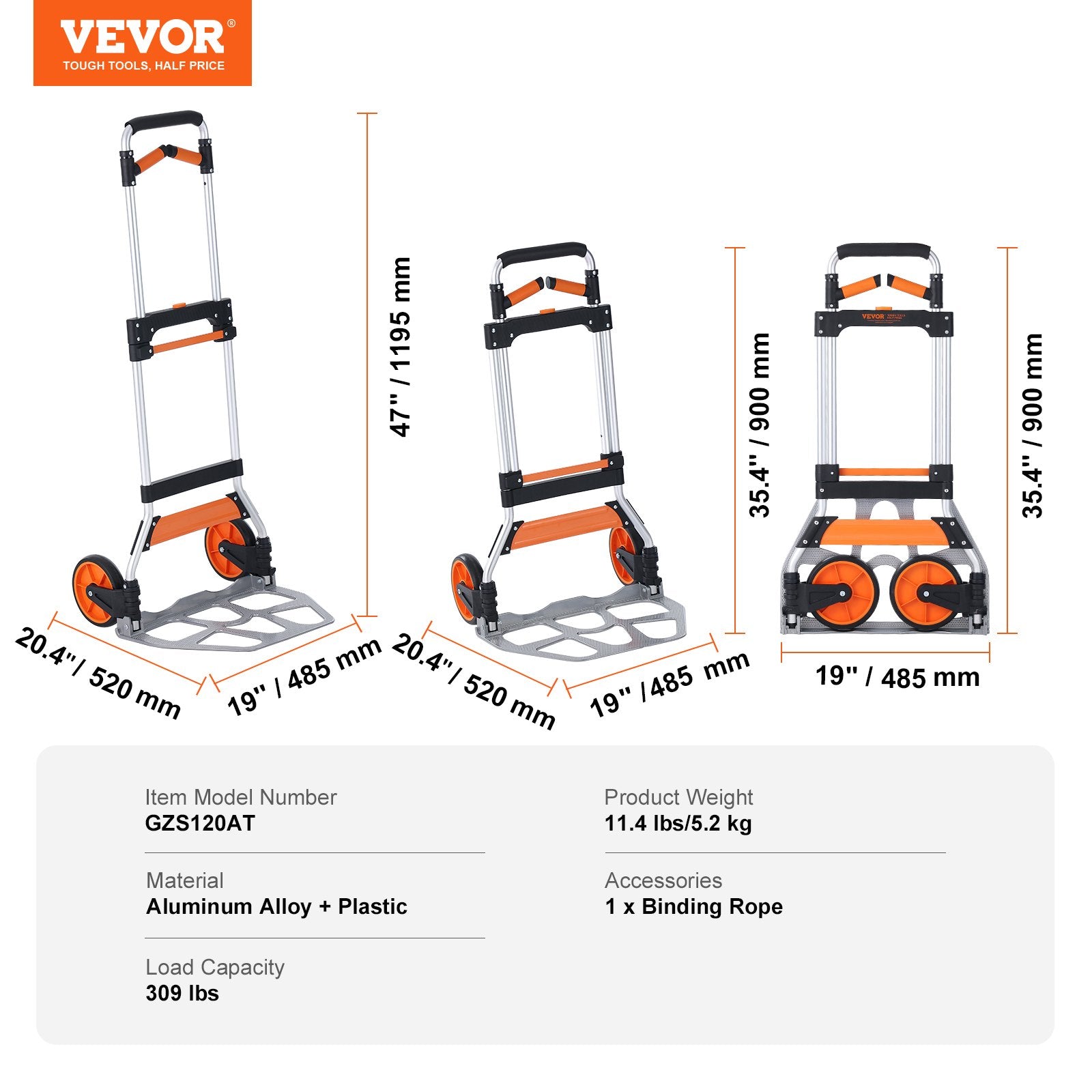 Folding Hand Truck, 140 kg Load Capacity, Aluminum Portable Cart, Convertible Hand Truck and Dolly with V952-KZDSTHC500B01UEHNV0