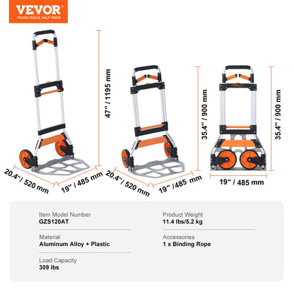 Folding Hand Truck, 140 kg Load Capacity, Aluminum Portable Cart, Convertible Hand Truck and Dolly with V952-KZDSTHC500B01UEHNV0