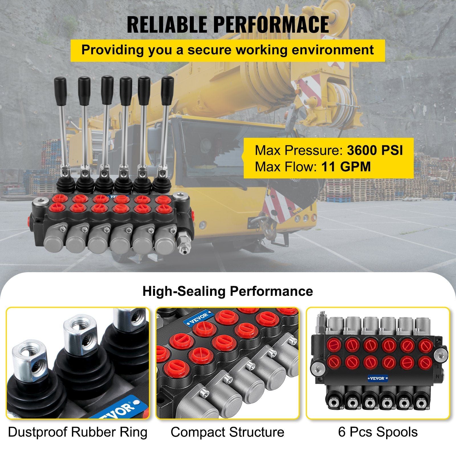 Hydraulic Directional Control Valve, 6 Spool Hydraulic Spool Valve, 11 GPM Hydraulic Loader Valve, 3600 PSI V952-KZFFXYC611GPMFJ1GV0