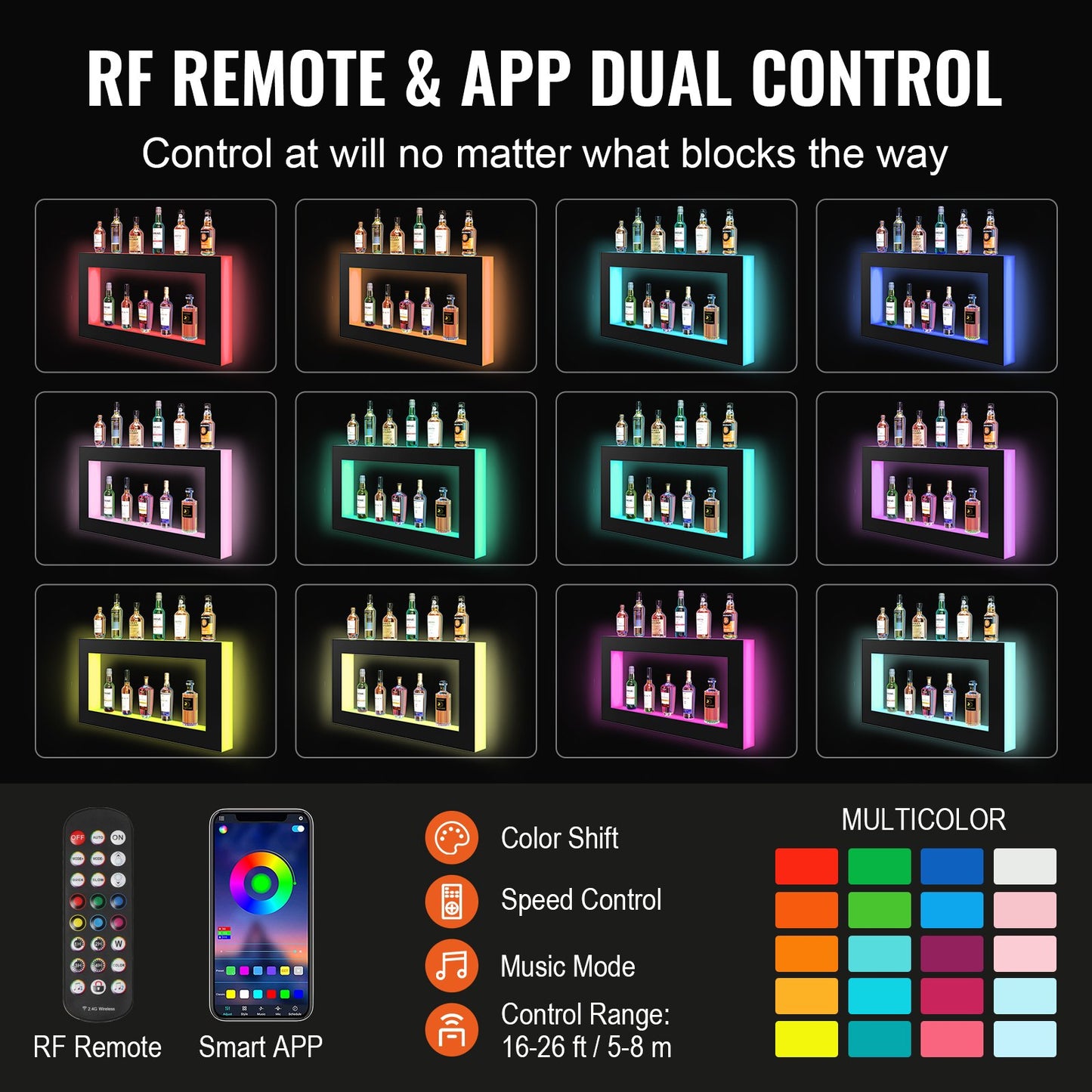LED Lighted Liquor Bottle Display Bar Shelf RF & App Control 1210 mm V952-KZXBGLED248RFXCBHV3