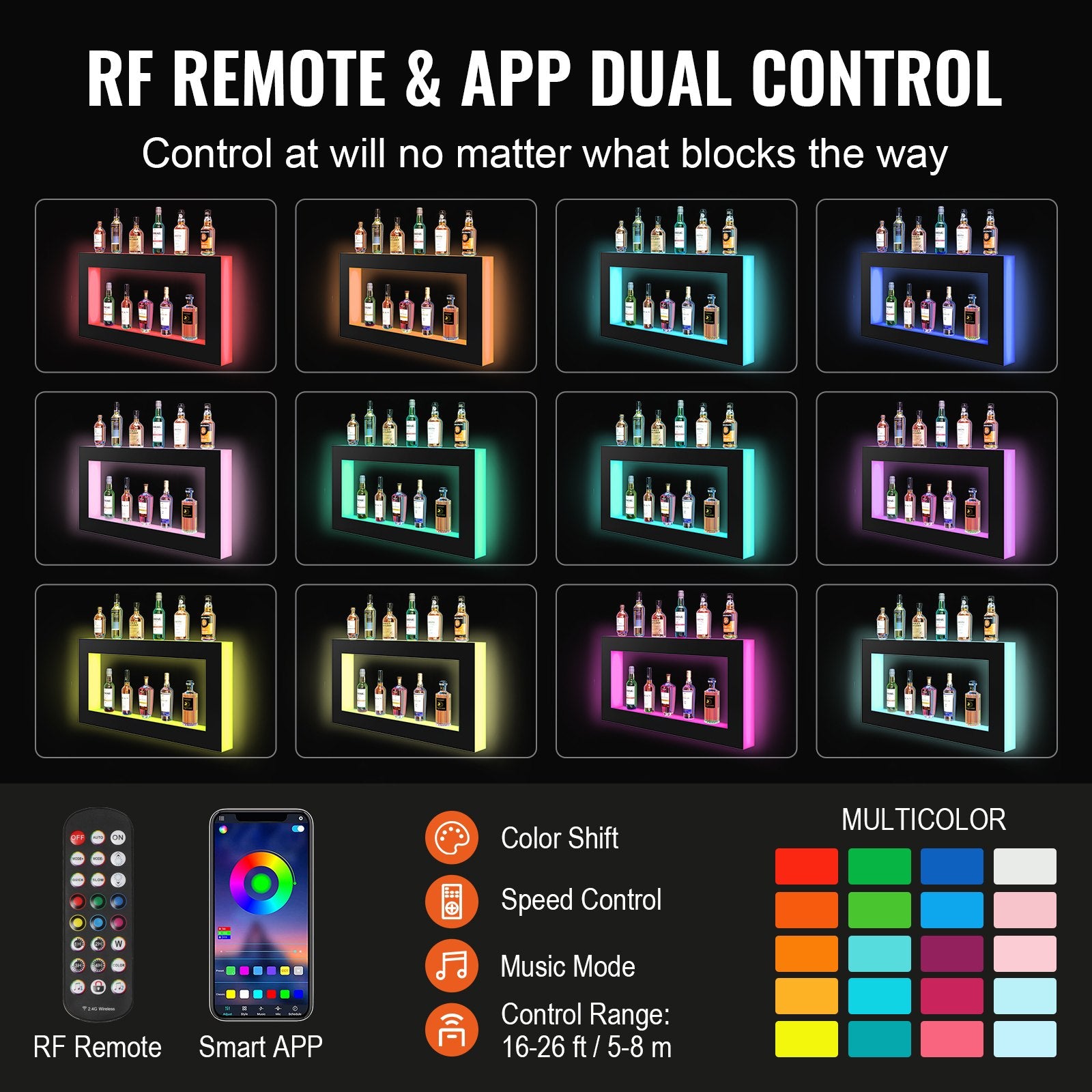LED Lighted Liquor Bottle Display Bar Shelf RF & App Control 1210 mm V952-KZXBGLED248RFXCBHV3