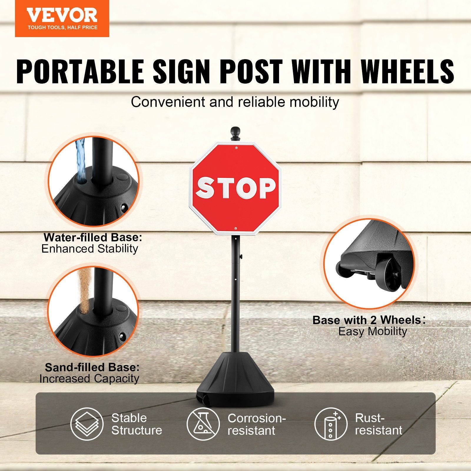 Portable Sign Post, 5 ft Cast Iron Sign Post Holder with Hard Plastic Base & Wheels, Movable Parking Sign V952-LBGBXSBZGZTYS7TE8V0
