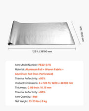 Double Reflective Insulation Roll, Non-Perforated Woven Fabric Radiant Barrier, 0.15mm 38.1m x 1.22m, V952-LBPEBZBRFSFSYGF6I001V0