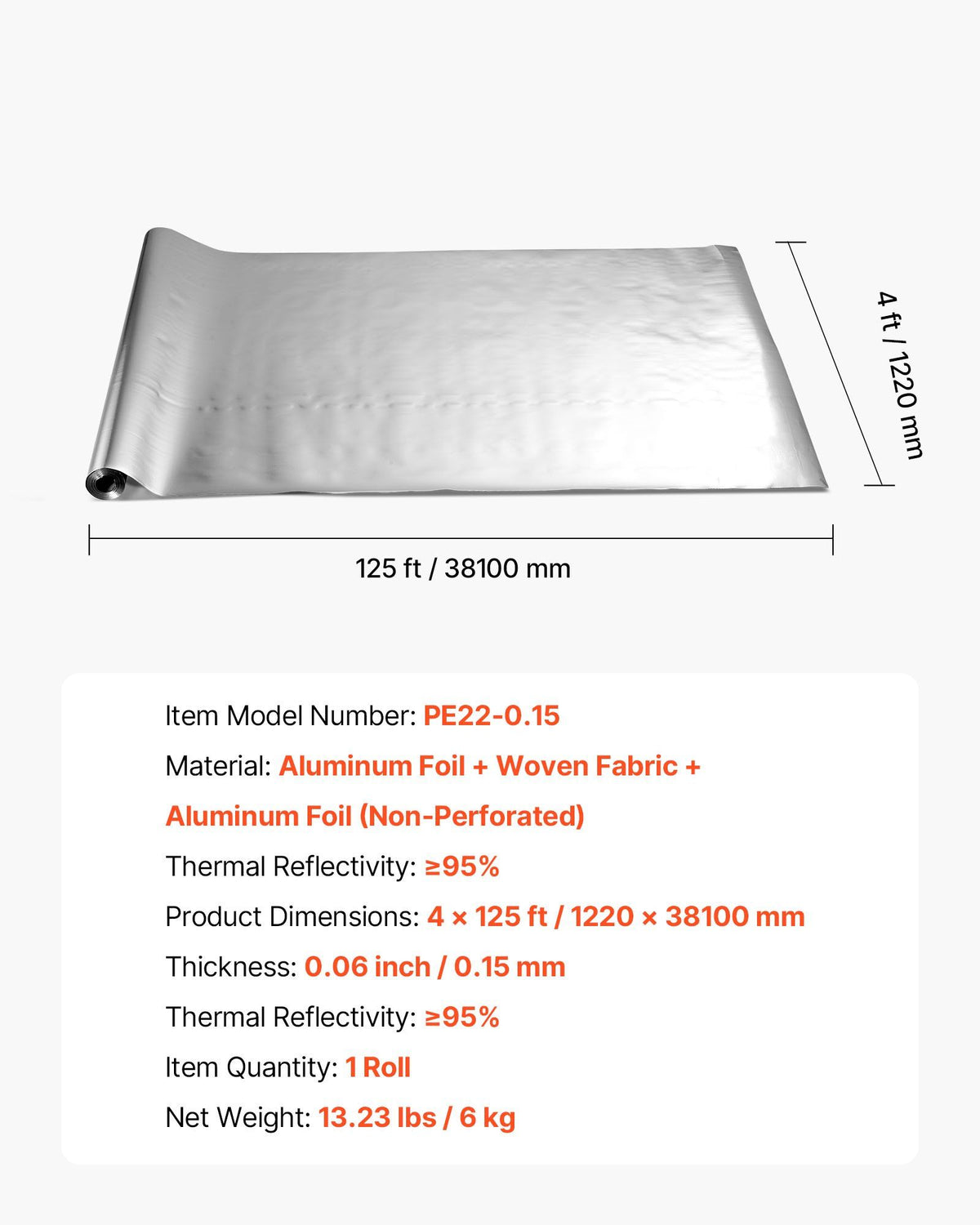 Double Reflective Insulation Roll, Non-Perforated Woven Fabric Radiant Barrier, 0.15mm 38.1m x 1.22m, V952-LBPEBZBRFSFSYGF6I001V0