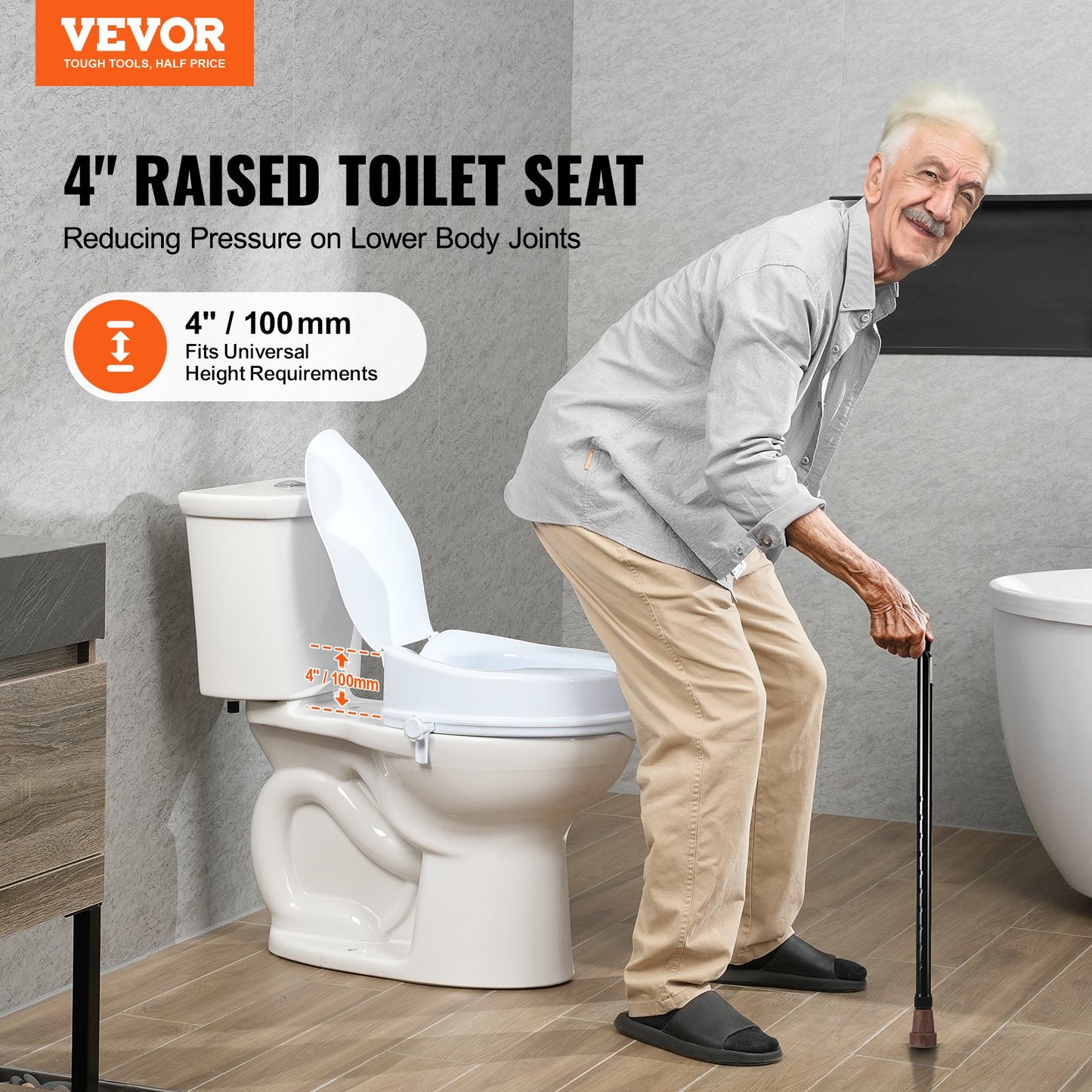 Raised Toilet Seat, 100 mm Height Raised, 136 kg Weight Capacity, Universal Toilet Seat Riser, Screw Rod V952-LBSDSJGMTZDW0KLIAV0