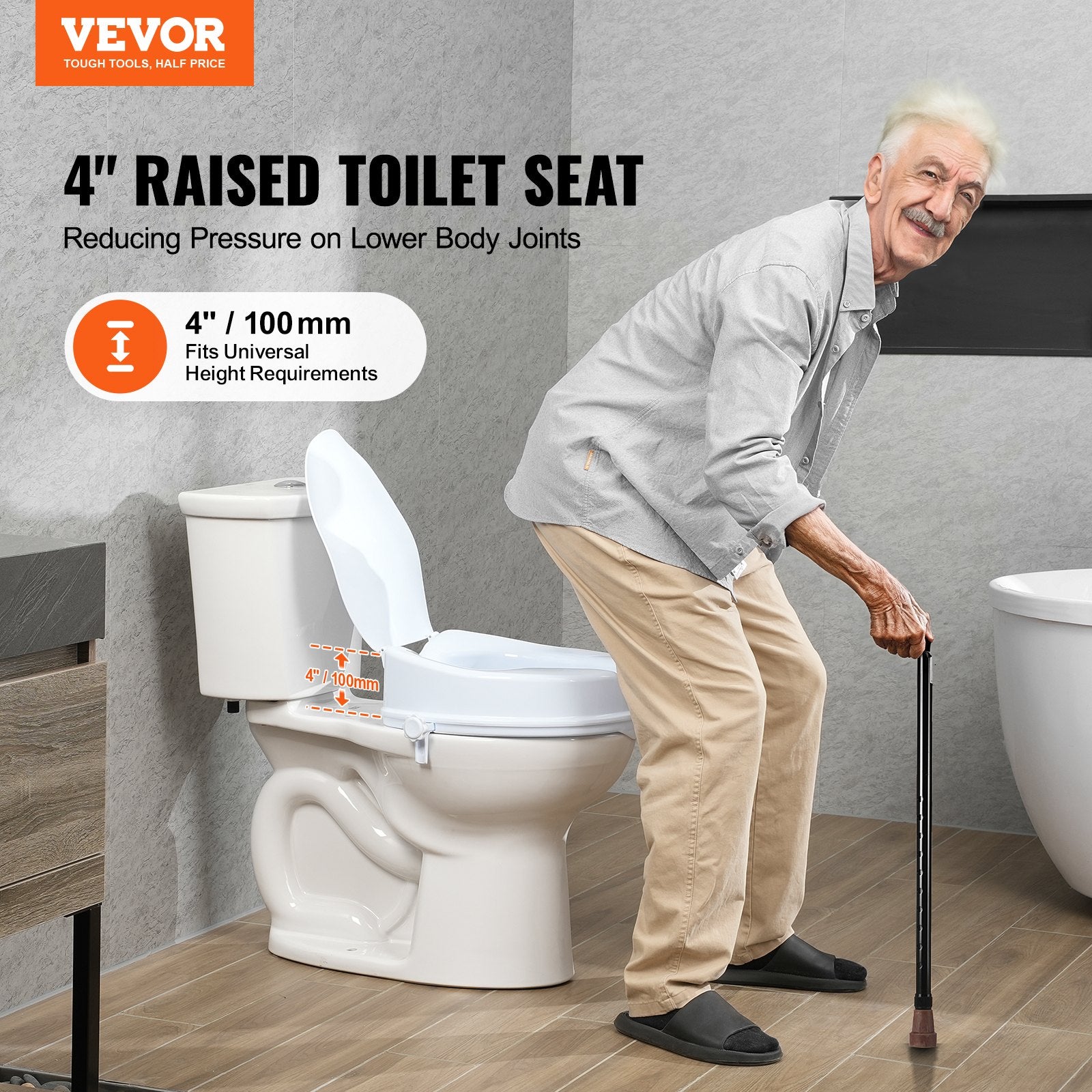 Raised Toilet Seat, 100 mm Height Raised, 136 kg Weight Capacity, Universal Toilet Seat Riser, Screw Rod V952-LBSDSJGMTZDW0KLIAV0