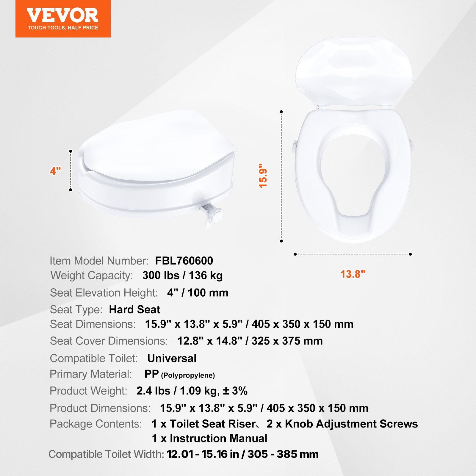 Raised Toilet Seat, 100 mm Height Raised, 136 kg Weight Capacity, Universal Toilet Seat Riser, Screw Rod V952-LBSDSJGMTZDW0KLIAV0