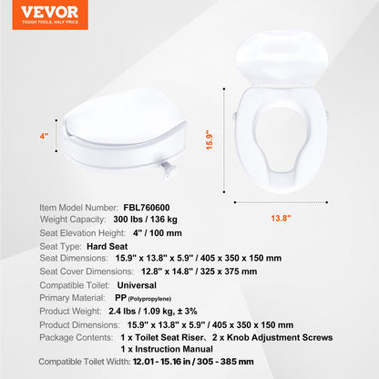 Raised Toilet Seat, 100 mm Height Raised, 136 kg Weight Capacity, Universal Toilet Seat Riser, Screw Rod V952-LBSDSJGMTZDW0KLIAV0