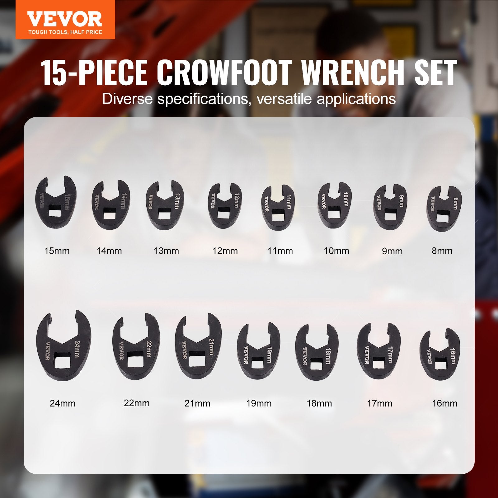 Crowfoot Wrench Set, 1/2" and 3/8" Drive 15-Piece Crows Foot Wrench Set with PP Storage Case, Metric 8-24 mm, V952-LBXBSTZ123815GPQWV0