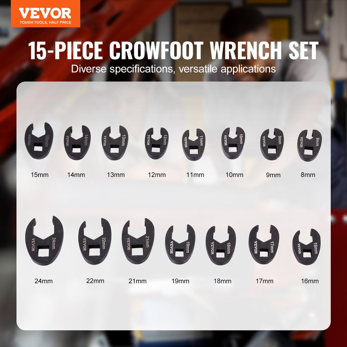 Crowfoot Wrench Set, 1/2" and 3/8" Drive 15-Piece Crows Foot Wrench Set with PP Storage Case, Metric 8-24 mm, V952-LBXBSTZ123815GPQWV0