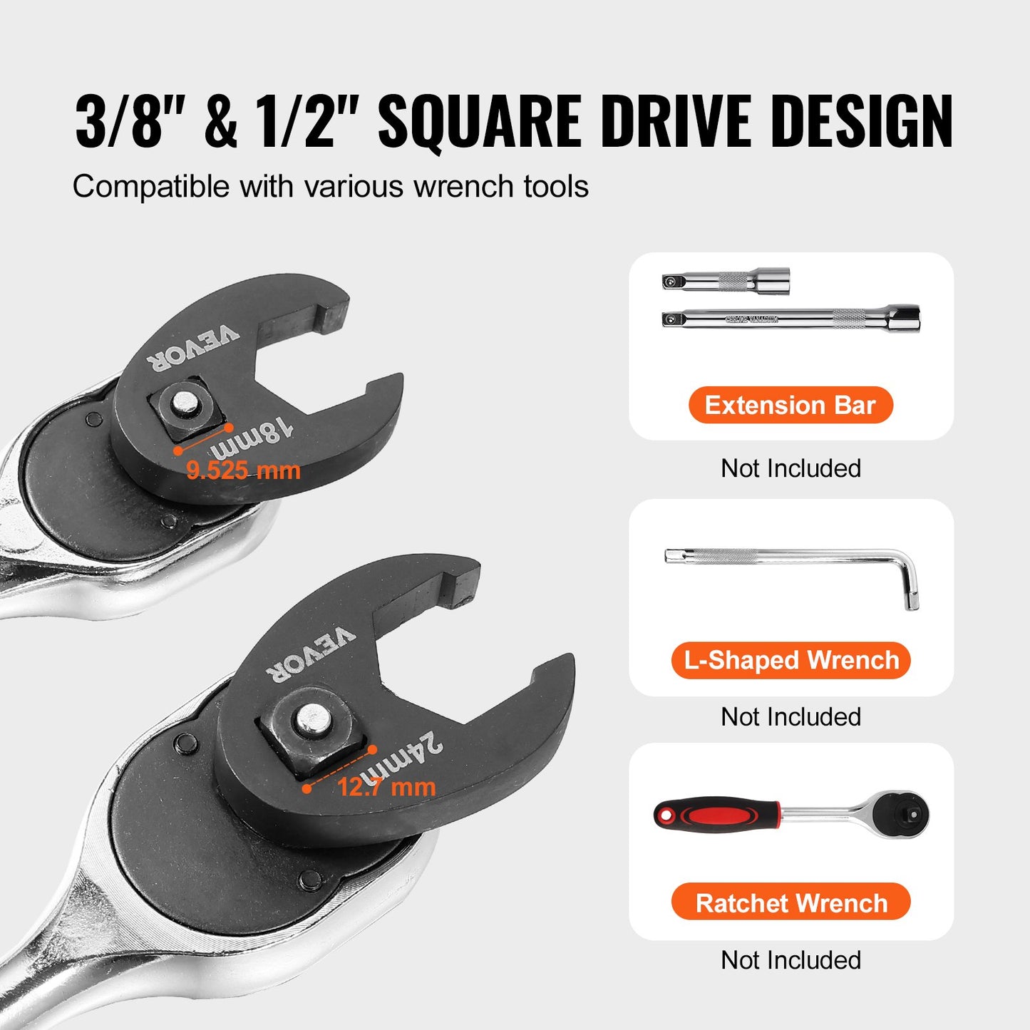 Crowfoot Wrench Set, 1/2" and 3/8" Drive 15-Piece Crows Foot Wrench Set with PP Storage Case, Metric 8-24 mm, V952-LBXBSTZ123815GPQWV0