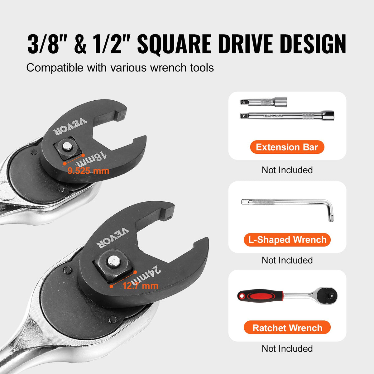 Crowfoot Wrench Set, 1/2" and 3/8" Drive 15-Piece Crows Foot Wrench Set with PP Storage Case, Metric 8-24 mm, V952-LBXBSTZ123815GPQWV0