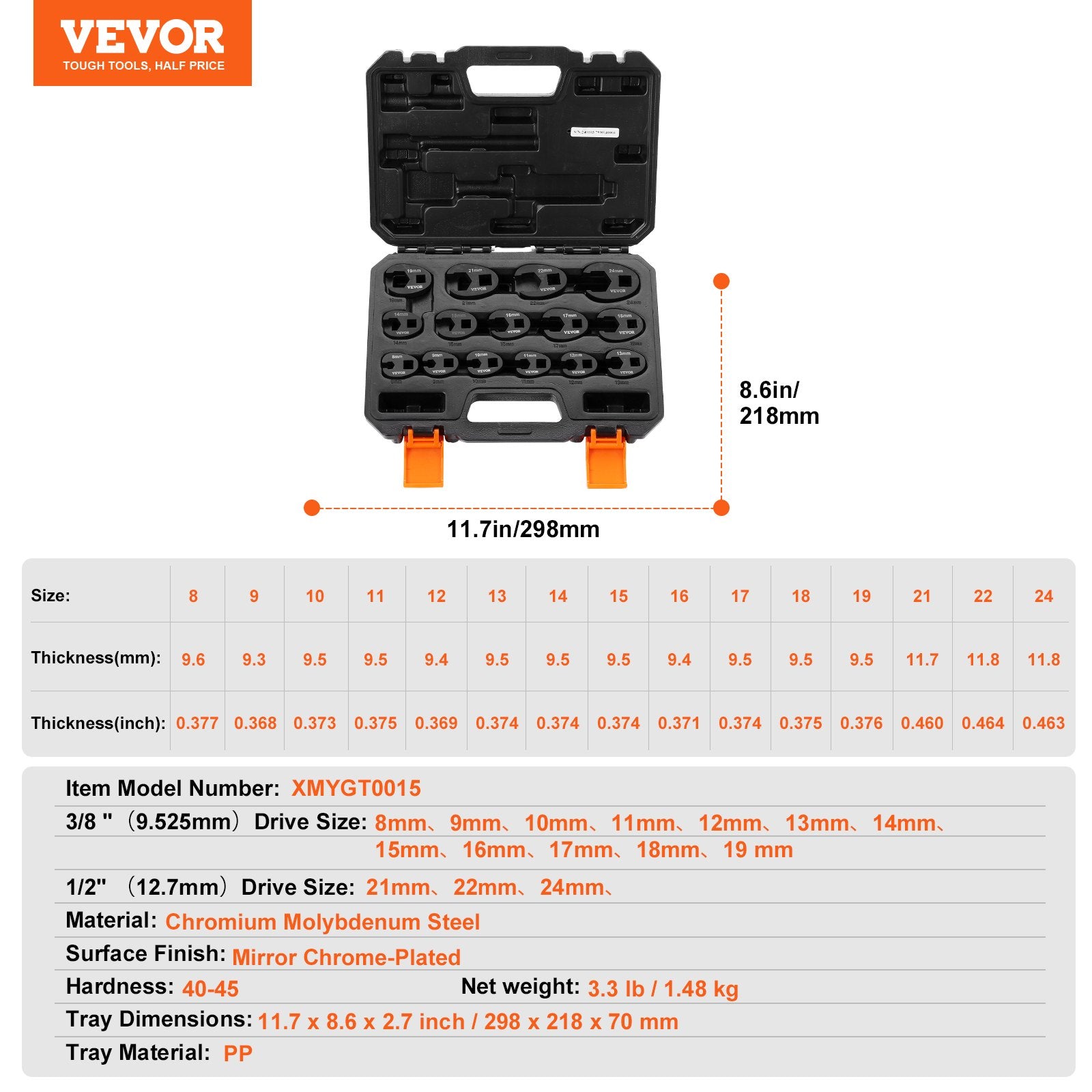 Crowfoot Wrench Set, 1/2" and 3/8" Drive 15-Piece Crows Foot Wrench Set with PP Storage Case, Metric 8-24 mm, V952-LBXBSTZ123815GPQWV0