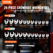 3/8" Drive Crowfoot Wrench Set with 2 Extension Bars, 24-Piece Crows Foot Wrench Set, SAE 3/8"-1" and Metric V952-LBXBSTZJT3824T2HUV0