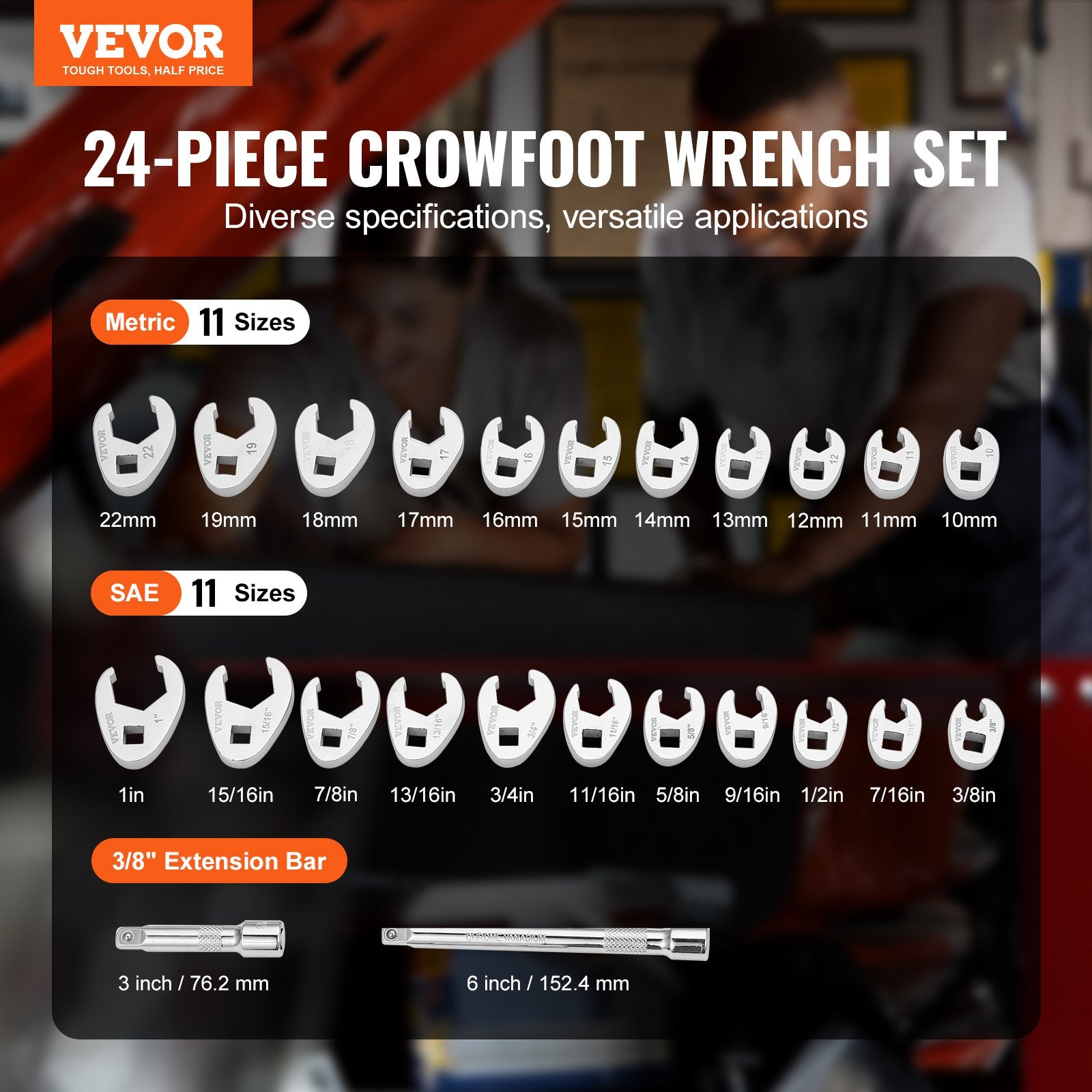 3/8" Drive Crowfoot Wrench Set with 2 Extension Bars, 24-Piece Crows Foot Wrench Set, SAE 3/8"-1" and Metric V952-LBXBSTZJT3824T2HUV0