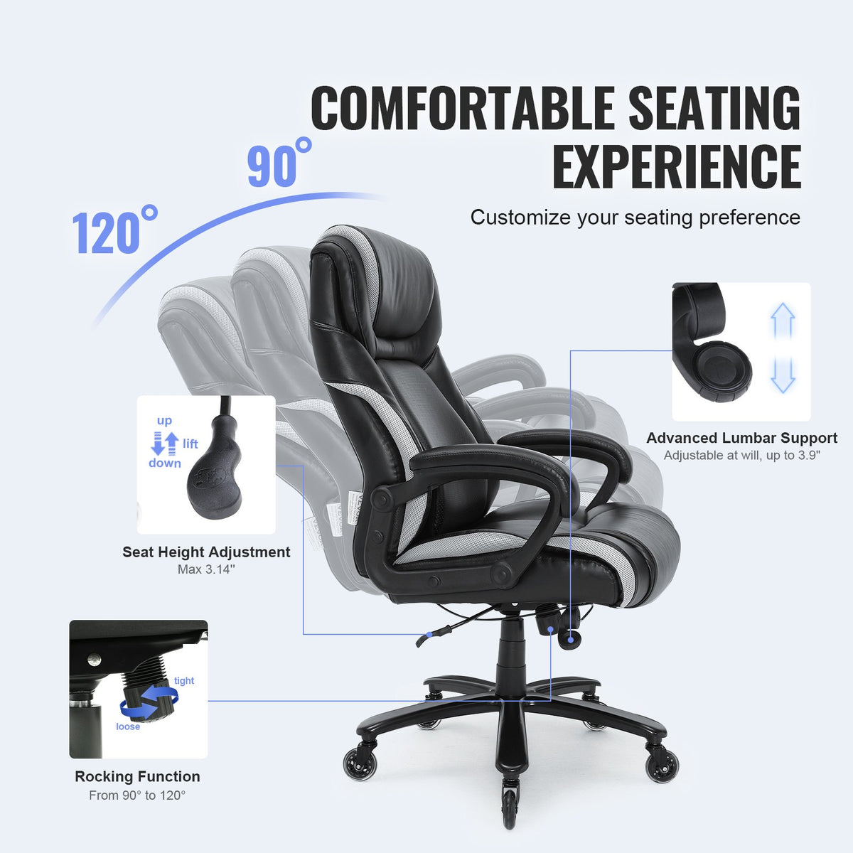 Heavy Duty Executive Office Chair with Cutting-edge Adjustable Lumbar Support for Long Hours, Big and Tall V952-LBYZXKPGKDJZBI124V0