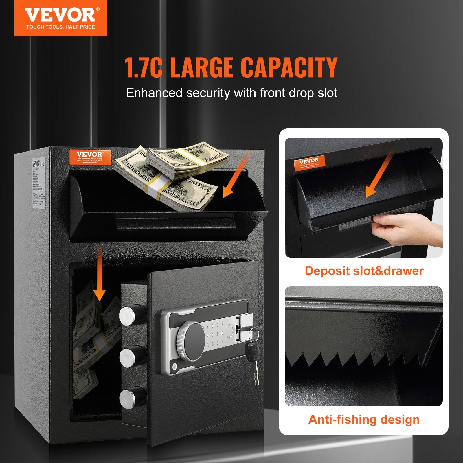 1.7 Cub Depository Safe, Deposit Safe with Drop Slot, Electronic Code Lock and 2 Emergency Keys, 17.71'' x V952-LCSBXX17L000GVVNCV0