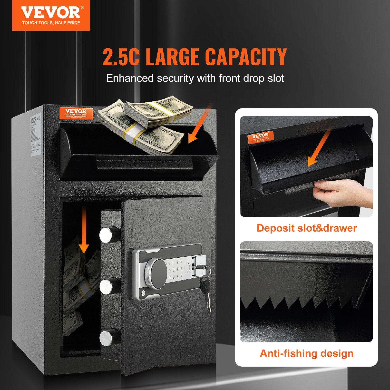 2.5 Cub Depository Safe, Deposit Safe with Drop Slot, Electronic Code Lock and 2 Emergency Keys, 20.27'' x V952-LCSBXX25L000IZ30IV0