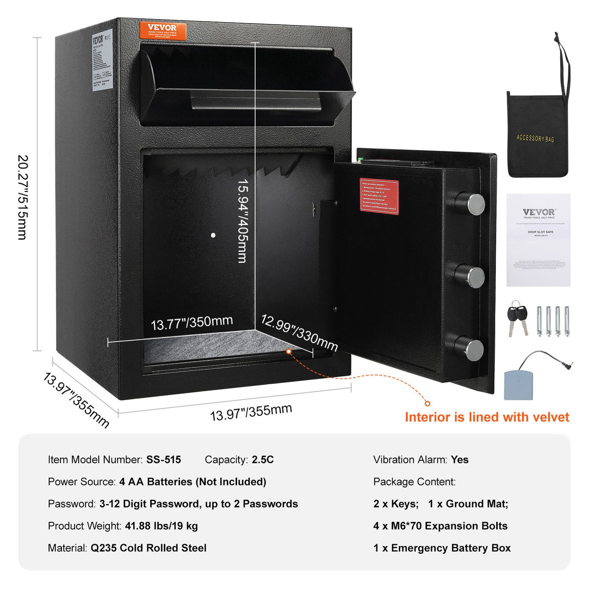 2.5 Cub Depository Safe, Deposit Safe with Drop Slot, Electronic Code Lock and 2 Emergency Keys, 20.27'' x V952-LCSBXX25L000IZ30IV0