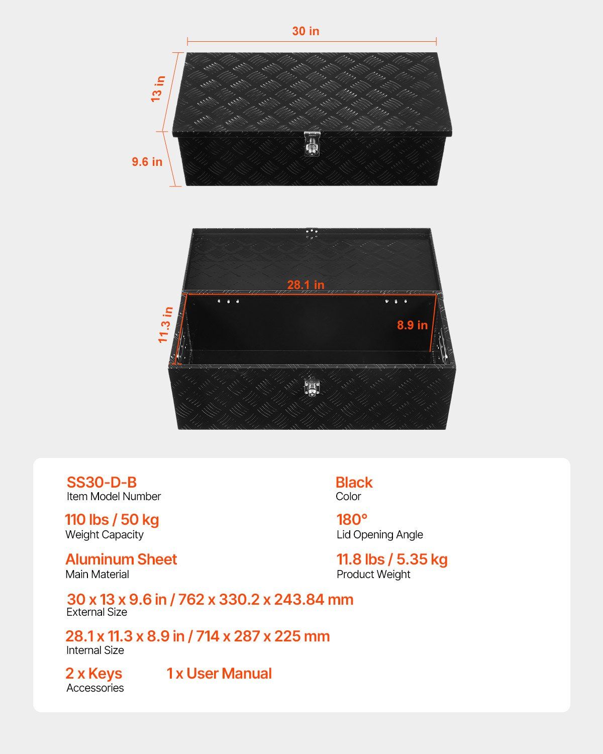 Heavy Duty Aluminum Truck Bed Tool Box, Stripes Plated Tool Box with Side Handle and Lock Keys, Storage V952-LCZXGJX301392MXYR002V0