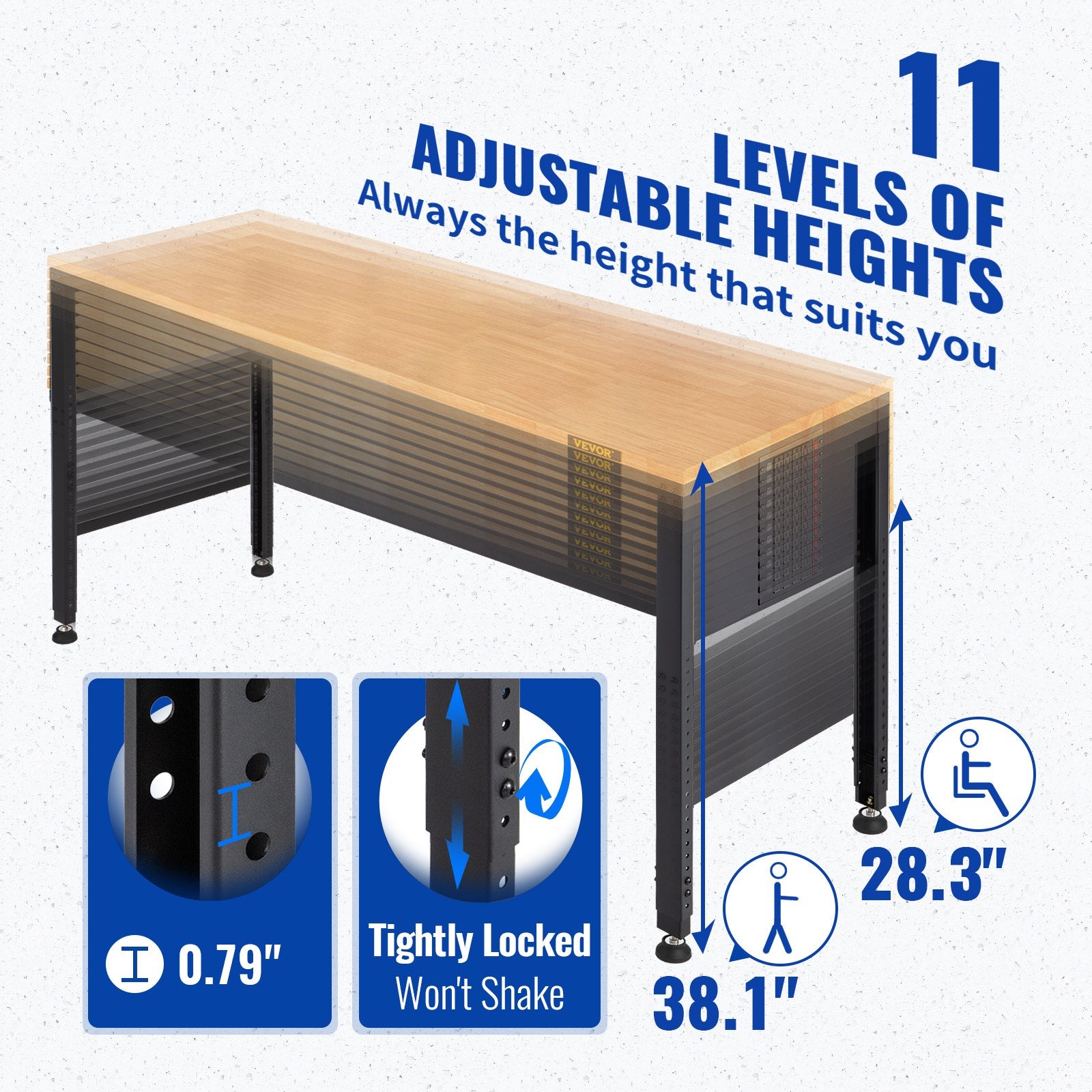 Adjustable Workbench, 1220 x 508 x 968 mm Garage Table with 719-968 mm Heights & 900 kg Load Capacity, with V952-LDSGZTSM4820V400PV3