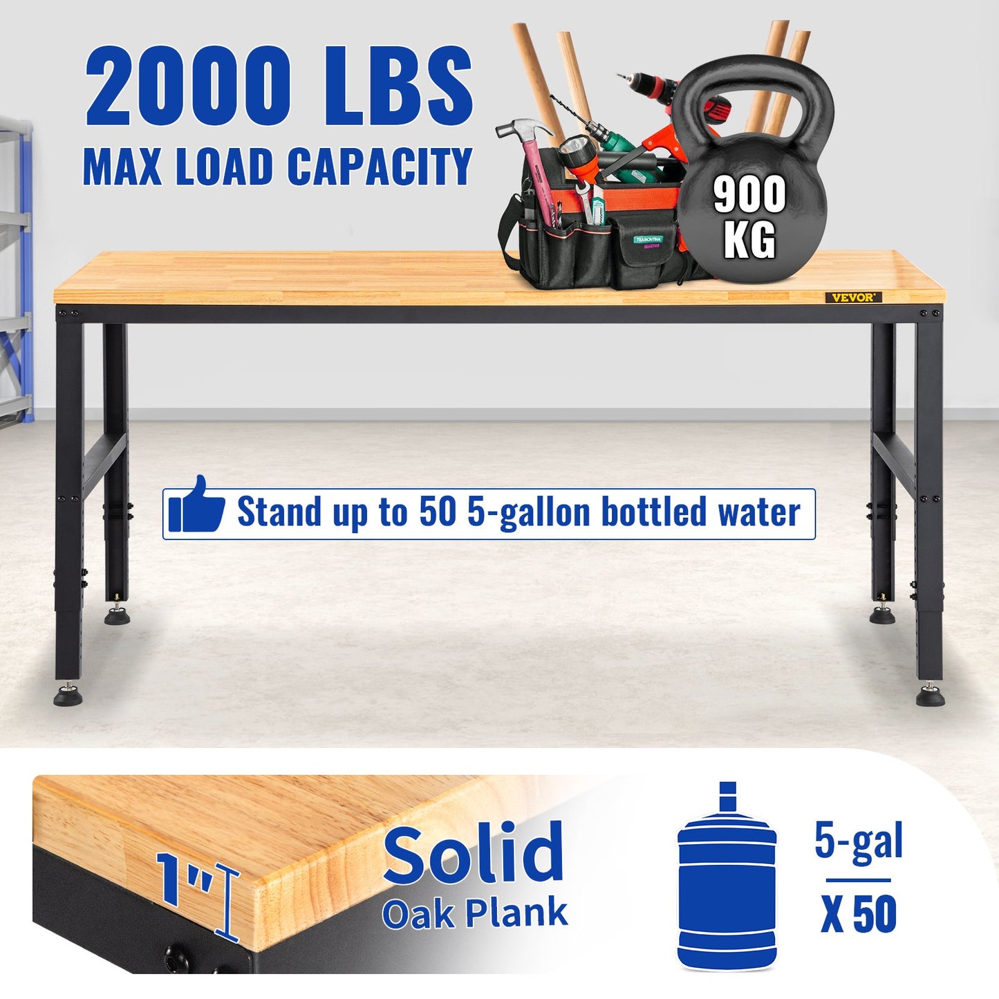 Adjustable Workbench, 1220 x 508 x 968 mm Garage Table with 719-968 mm Heights & 900 kg Load Capacity, with V952-LDSGZTSM4820V400PV3
