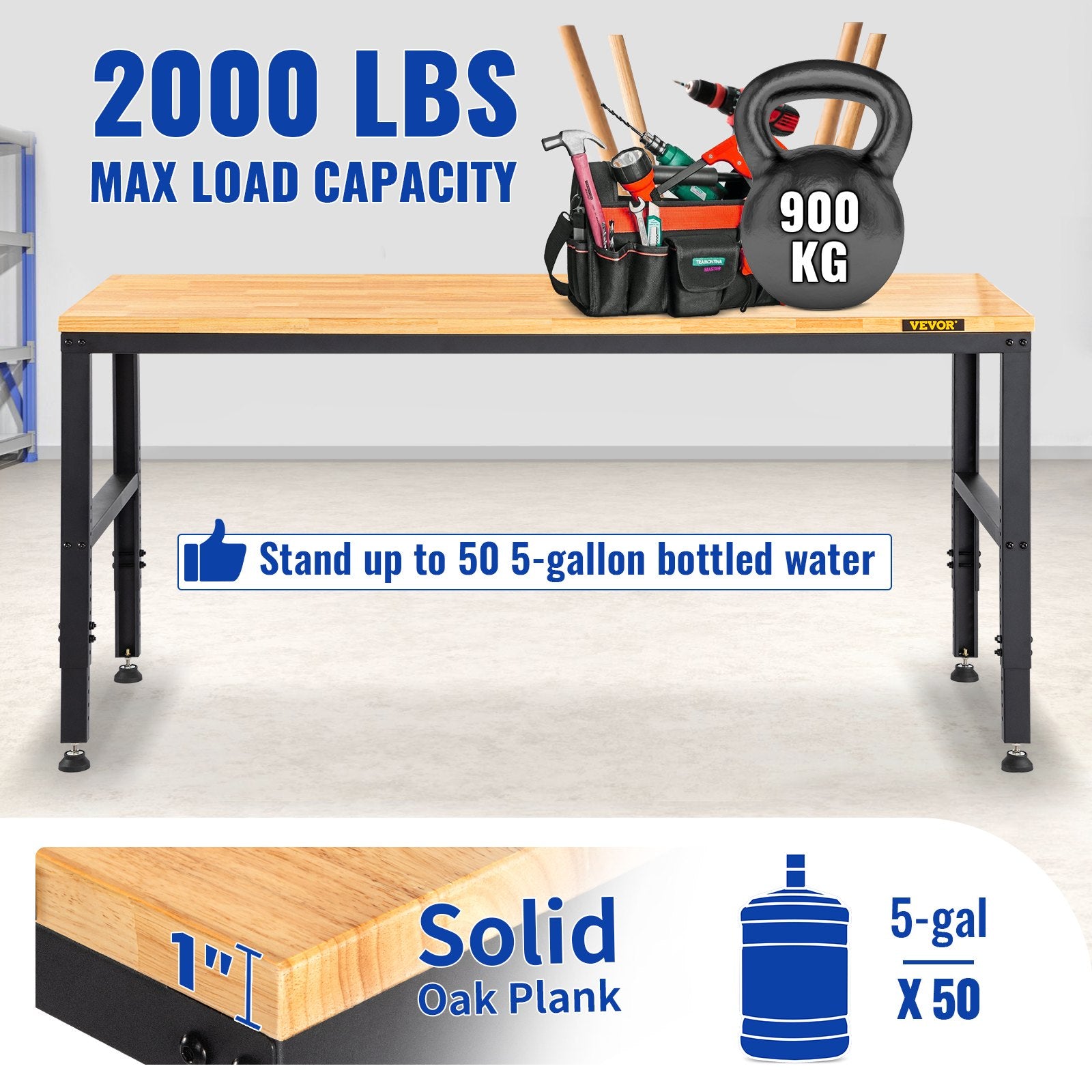 Adjustable Workbench, 1220 x 508 x 968 mm Garage Table with 719-968 mm Heights & 900 kg Load Capacity, with V952-LDSGZTSM4820V400PV3