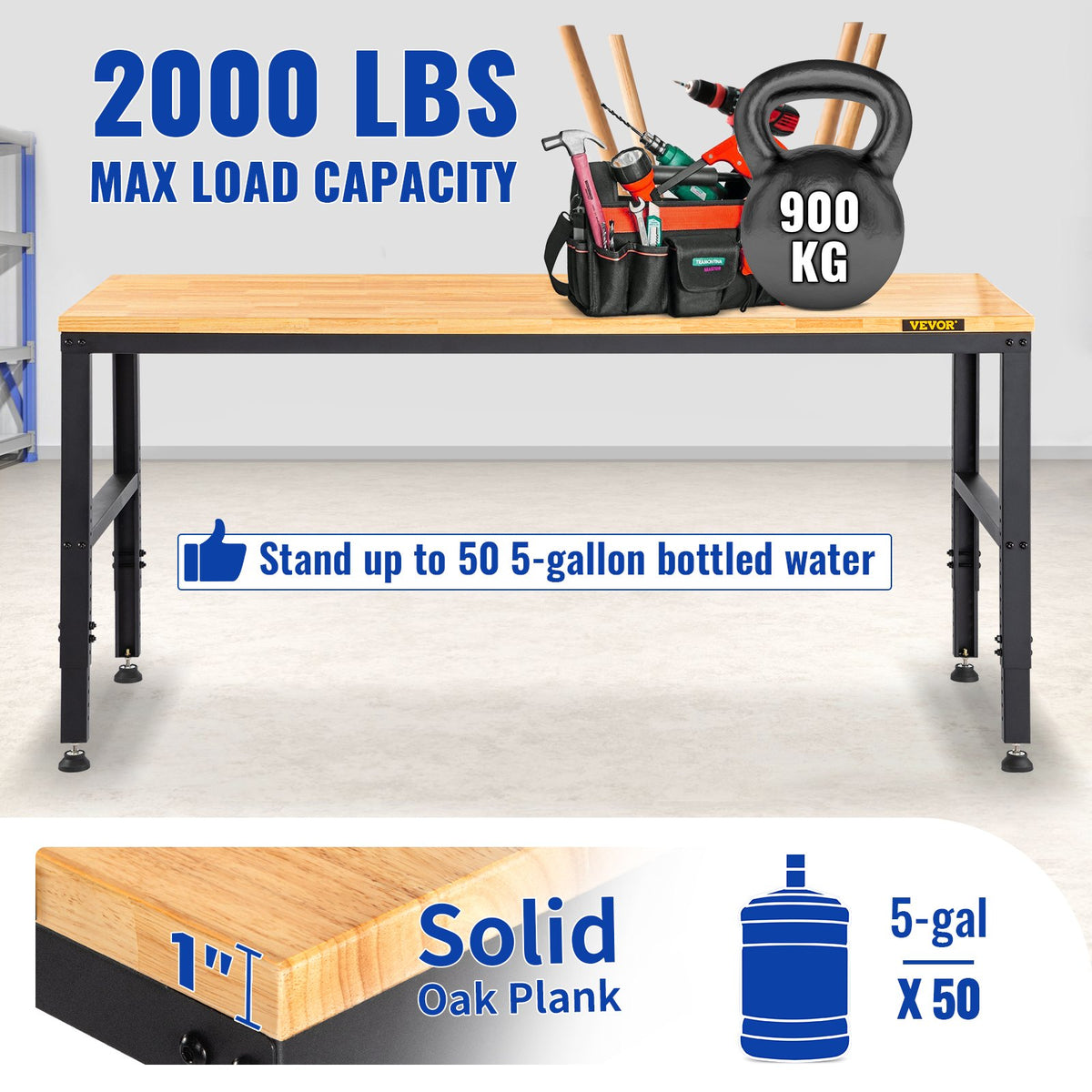 Adjustable Workbench, 1220 x 508 x 968 mm Garage Table with 719-968 mm Heights & 900 kg Load Capacity, with V952-LDSGZTSM4820V400PV3