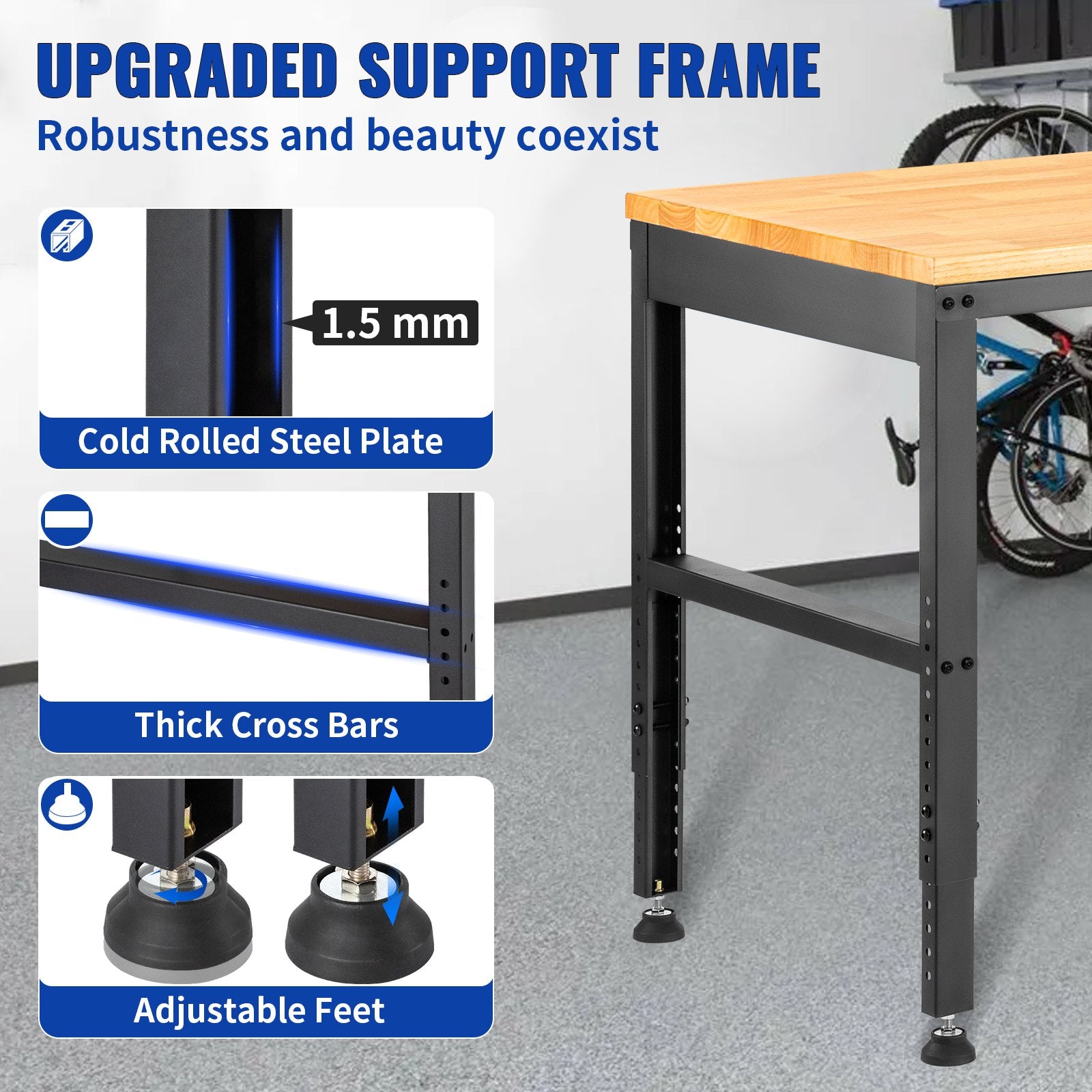 Adjustable Workbench, 1220 x 508 x 968 mm Garage Table with 719-968 mm Heights & 900 kg Load Capacity, with V952-LDSGZTSM4820V400PV3